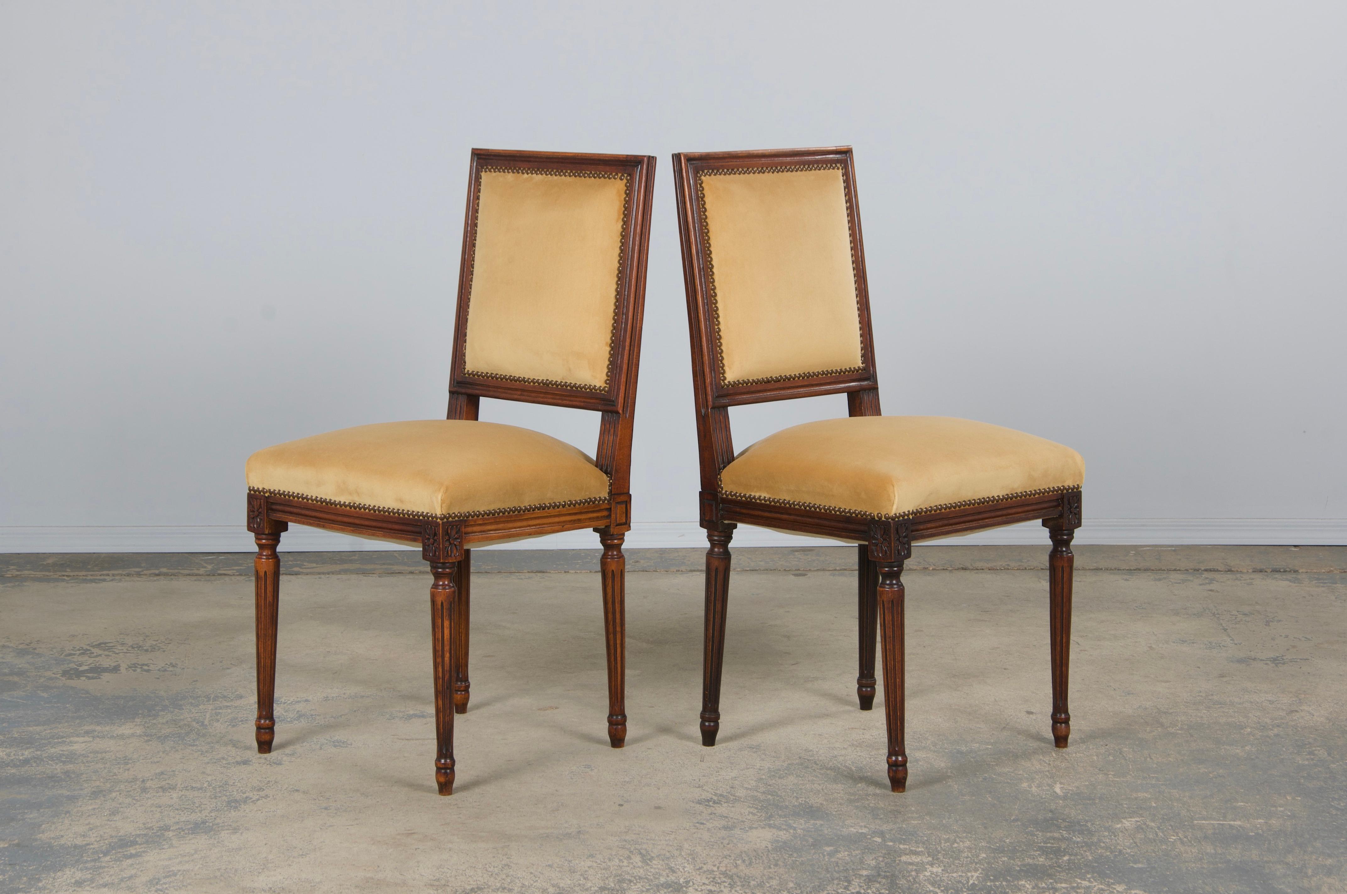 Antique French Louis XVI Style Maple Side Chairs in Golden Yellow Velvet- A Pair For Sale 7
