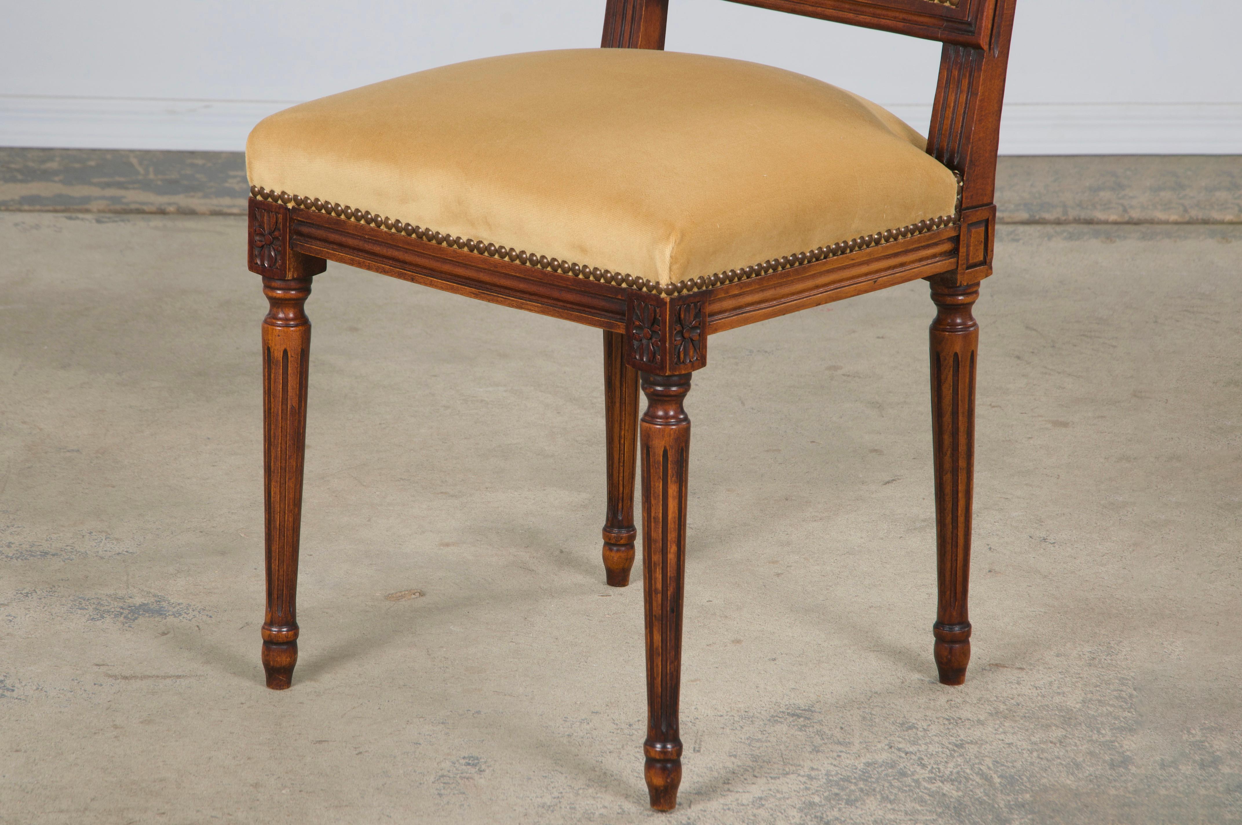 Antique French Louis XVI Style Maple Side Chairs in Golden Yellow Velvet- A Pair For Sale 9
