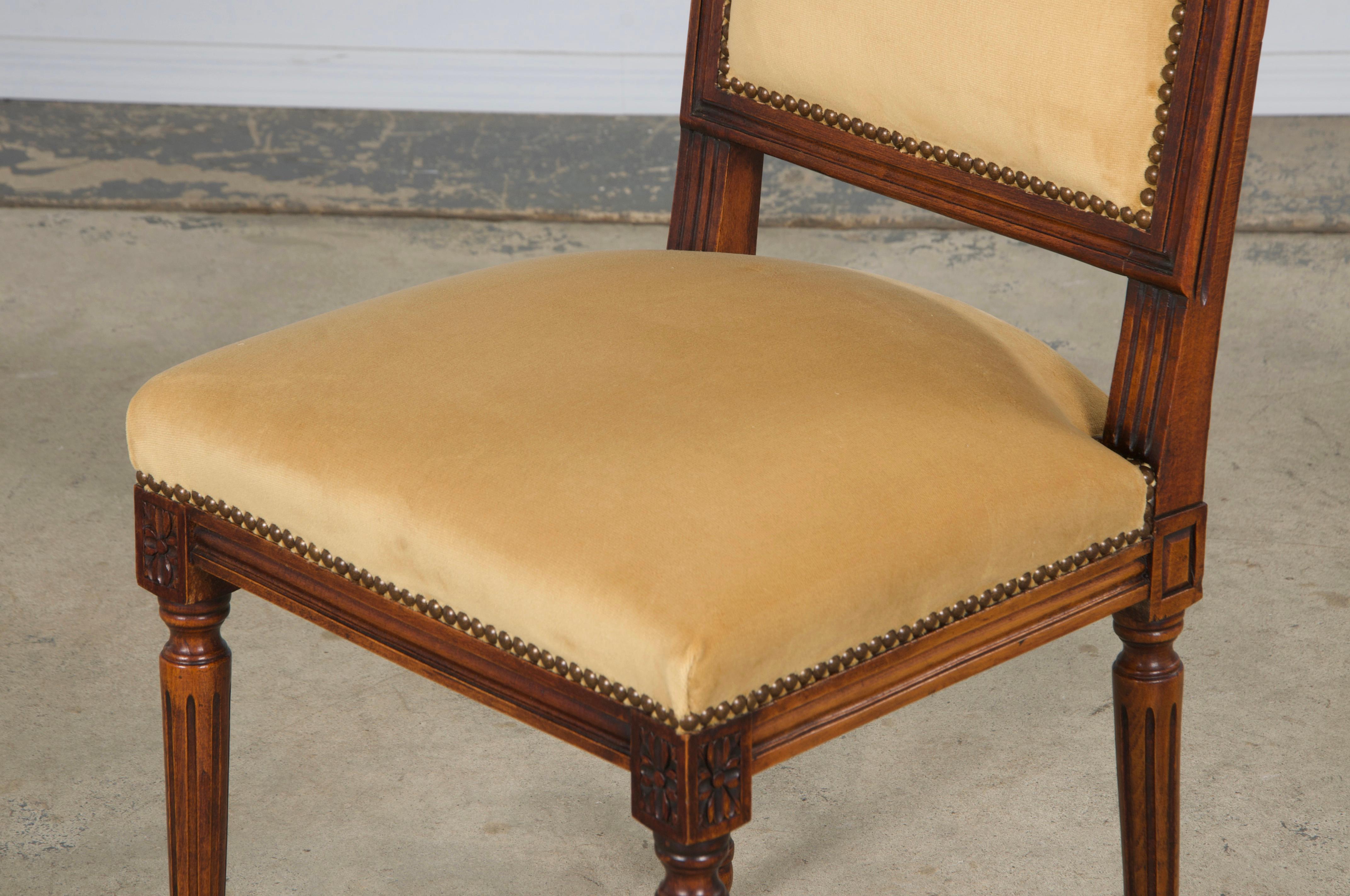 Antique French Louis XVI Style Maple Side Chairs in Golden Yellow Velvet- A Pair For Sale 10