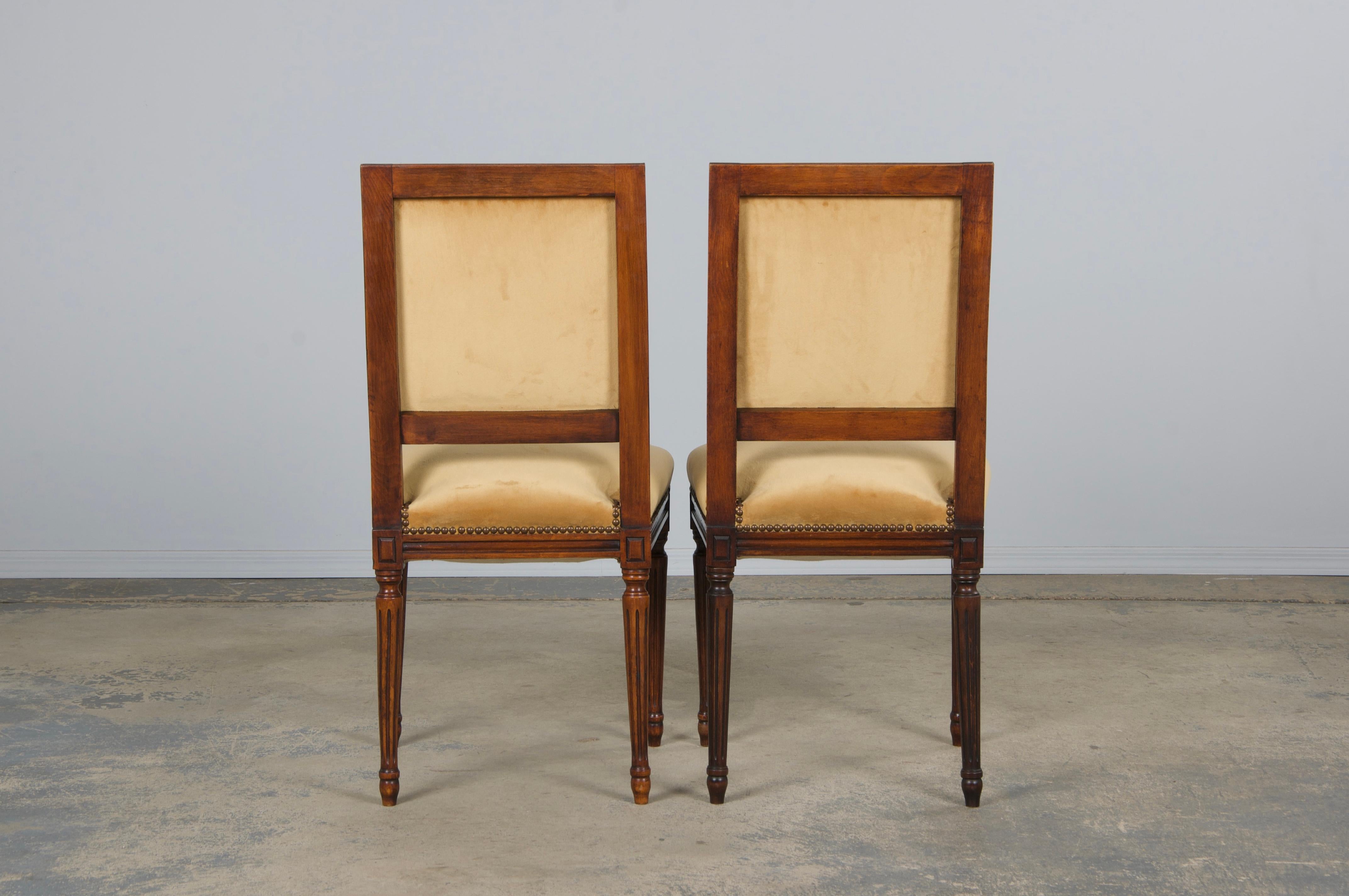 Antique French Louis XVI Style Maple Side Chairs in Golden Yellow Velvet- A Pair For Sale 11