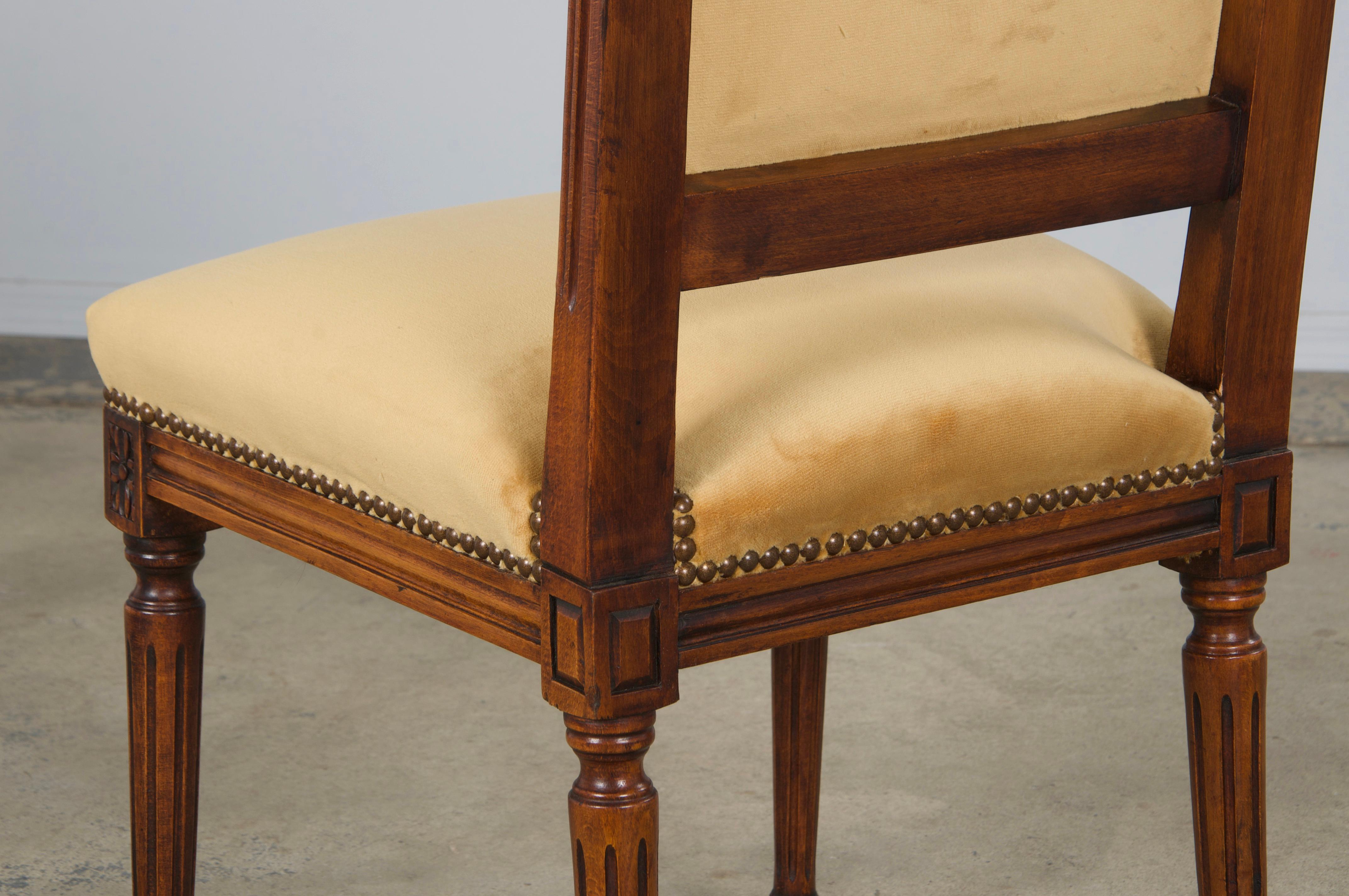 Antique French Louis XVI Style Maple Side Chairs in Golden Yellow Velvet- A Pair For Sale 13
