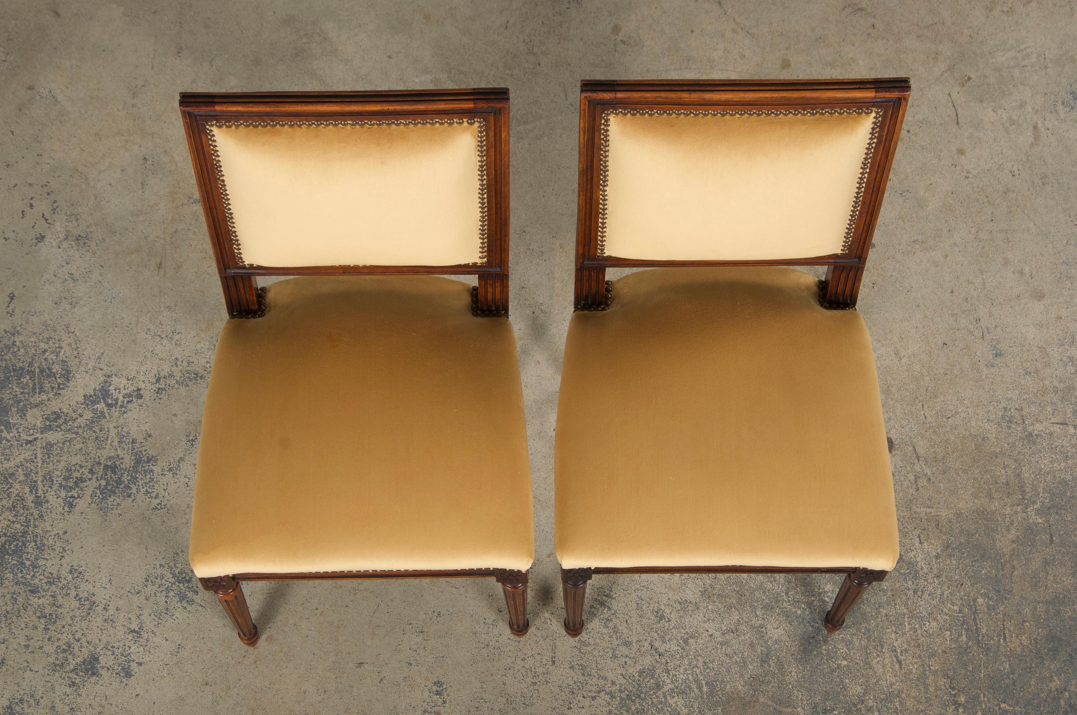 Hand-Carved Antique French Louis XVI Style Maple Side Chairs in Golden Yellow Velvet- A Pair For Sale