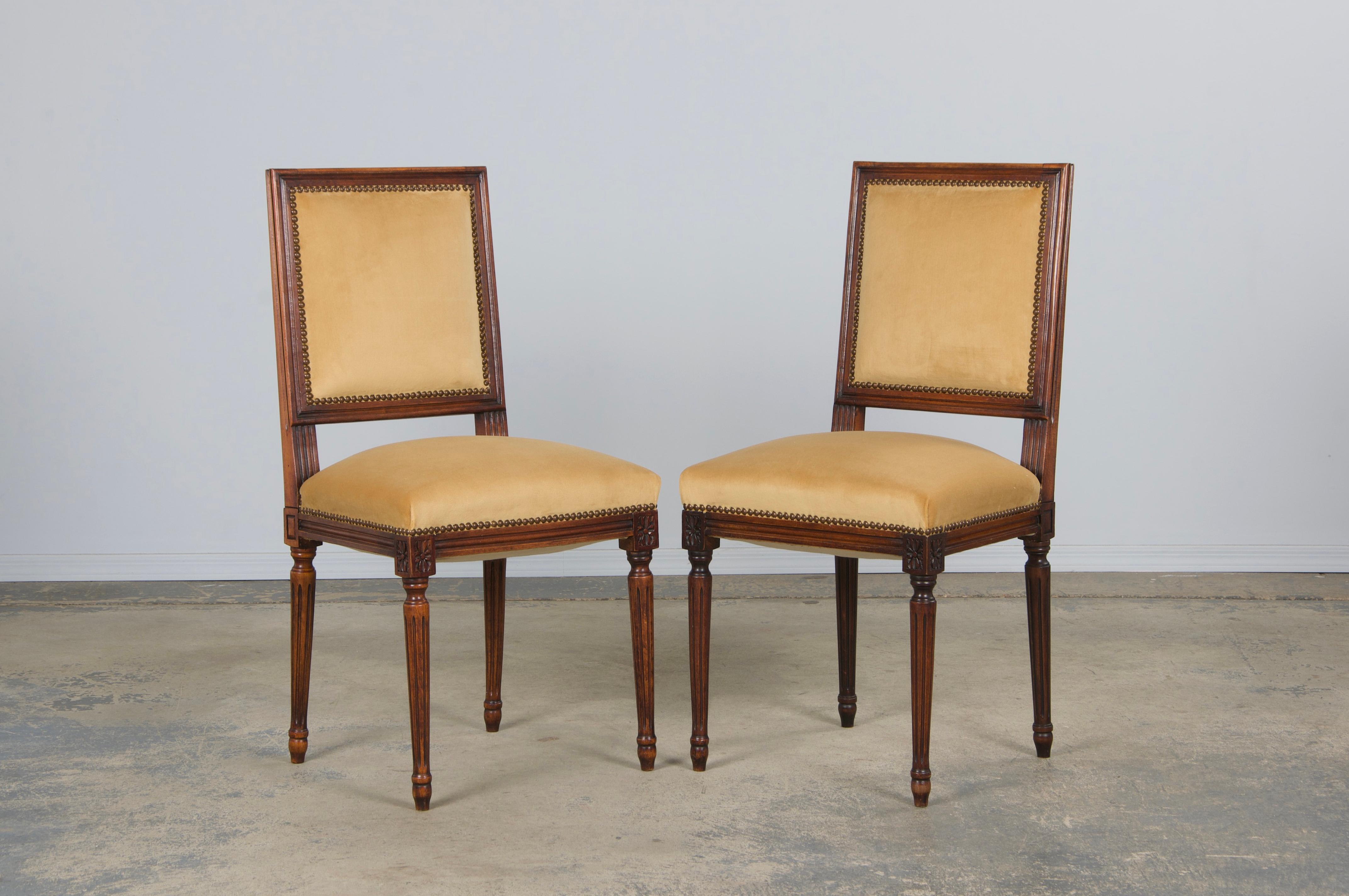 20th Century Antique French Louis XVI Style Maple Side Chairs in Golden Yellow Velvet- A Pair For Sale