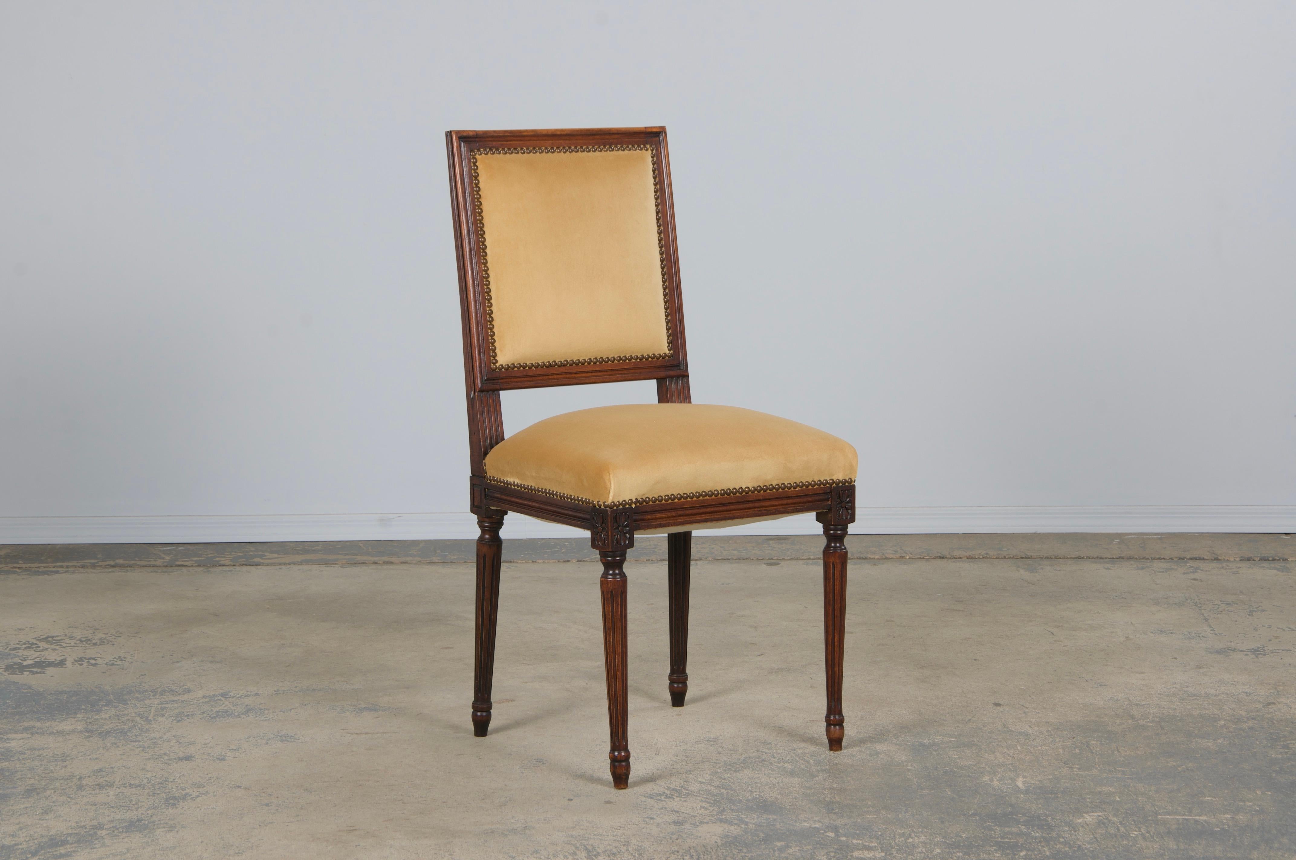 Antique French Louis XVI Style Maple Side Chairs in Golden Yellow Velvet- A Pair For Sale 1