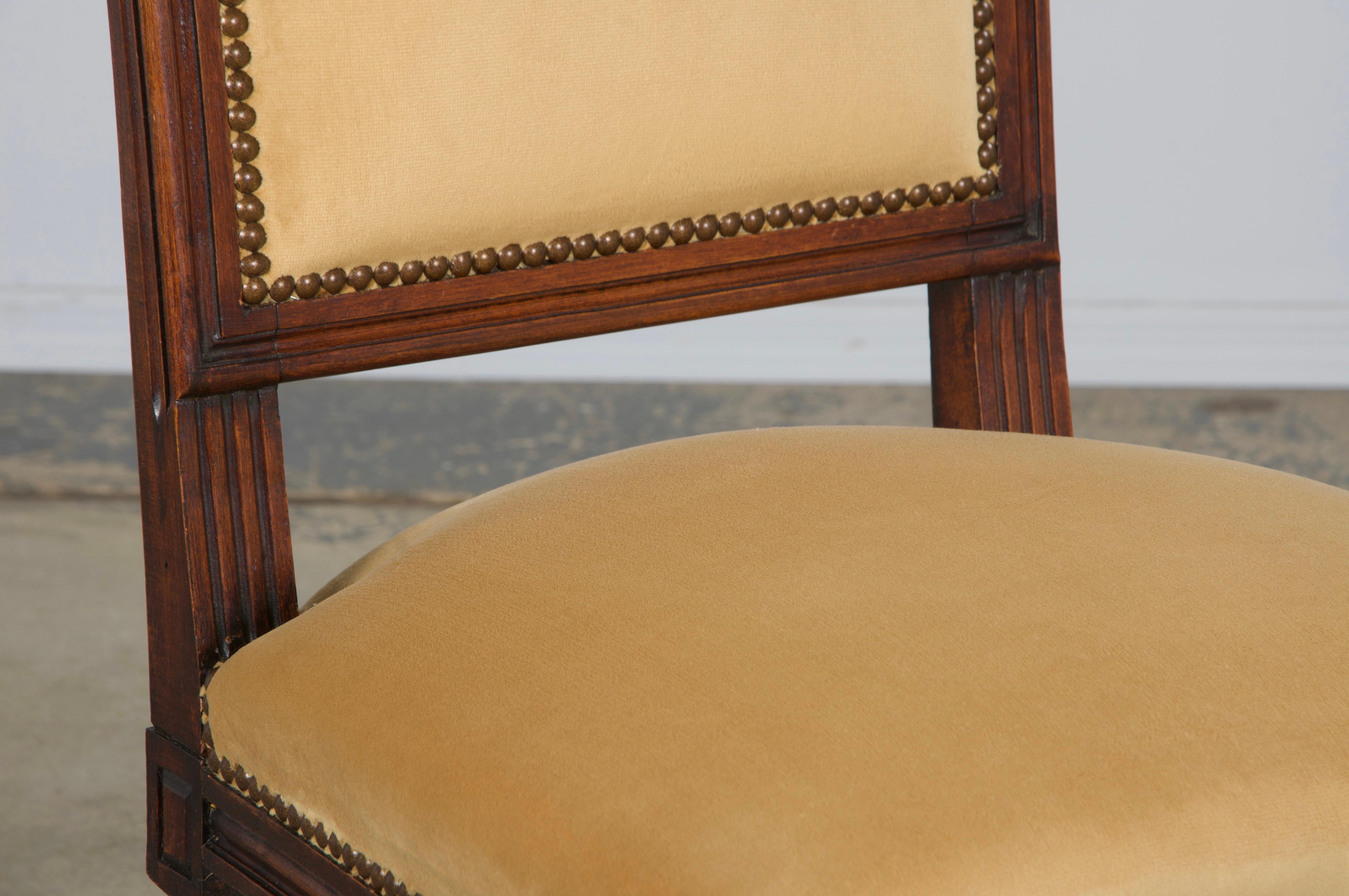 Antique French Louis XVI Style Maple Side Chairs in Golden Yellow Velvet- A Pair For Sale 3