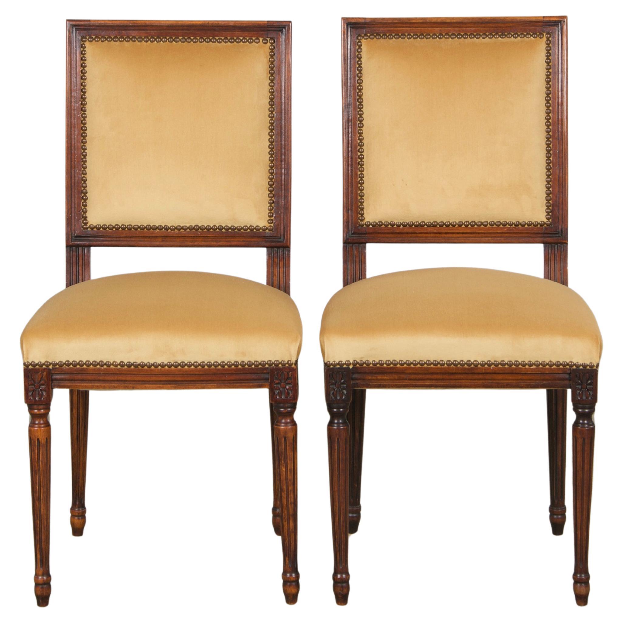 Antique French Louis XVI Style Maple Side Chairs in Golden Yellow Velvet- A Pair