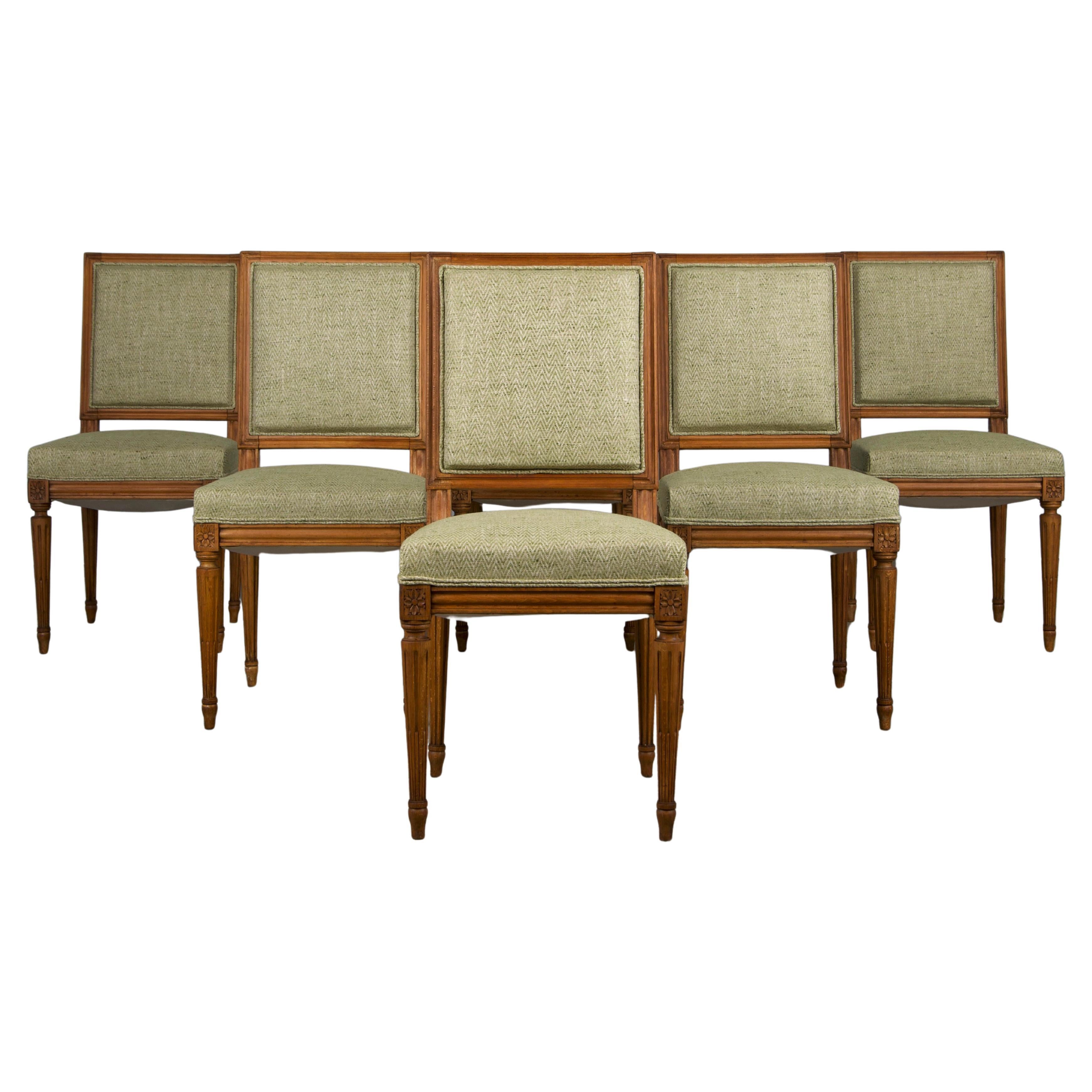 Antique French Louis XVI Style Maple Dining Chairs W/ Green Fabric - Set of 6