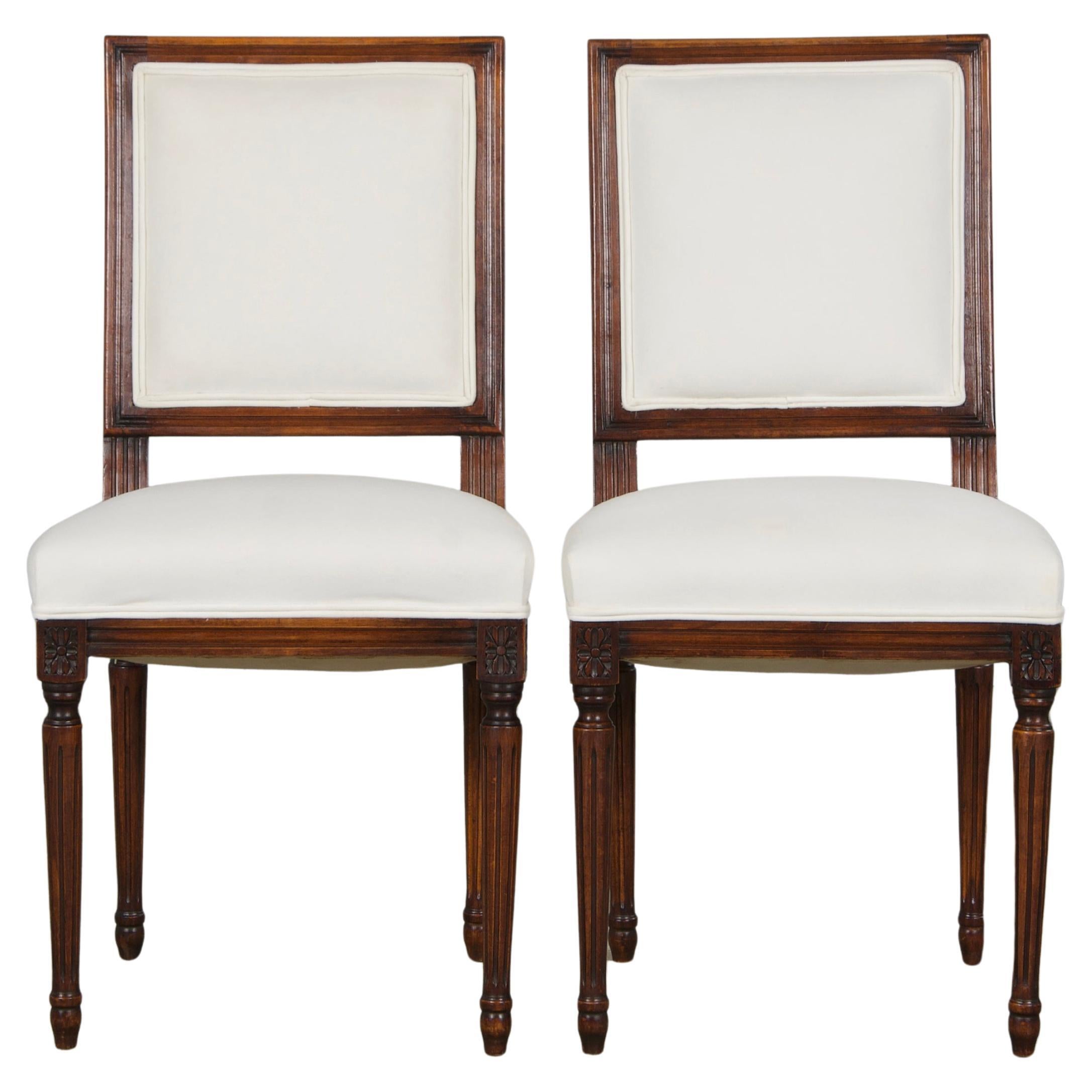 Antique French Louis XVI Style Maple Square Back Side Chairs in Off-White Velvet