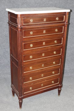 Antique French Louis XVI Style Marble Top Brass Mounted 7 Drawer High Chest