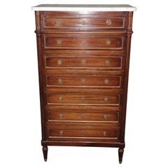 Antique French Louis XVI Style Marble Top Brass Mounted 7 Drawer High Chest