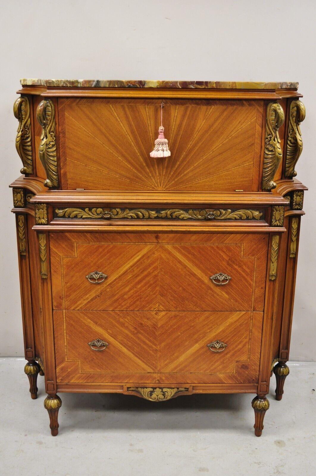 Antique French Louis XVI Style Marble Top Satinwood Tall Chest Dresser w/ Swans For Sale 7