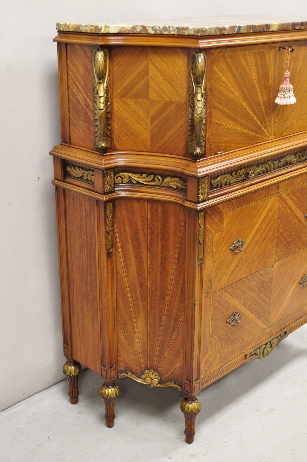 Antique French Louis XVI Style Marble Top Satinwood Tall Chest Dresser w/ Swans In Good Condition For Sale In Philadelphia, PA