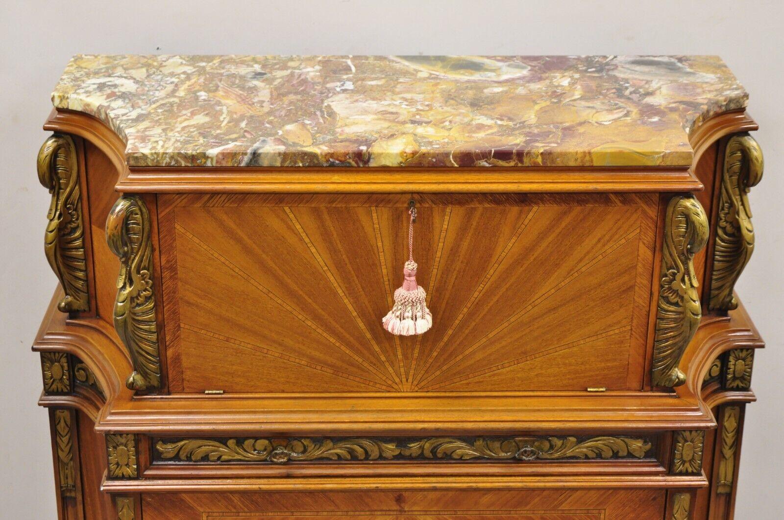 Early 20th Century Antique French Louis XVI Style Marble Top Satinwood Tall Chest Dresser w/ Swans For Sale