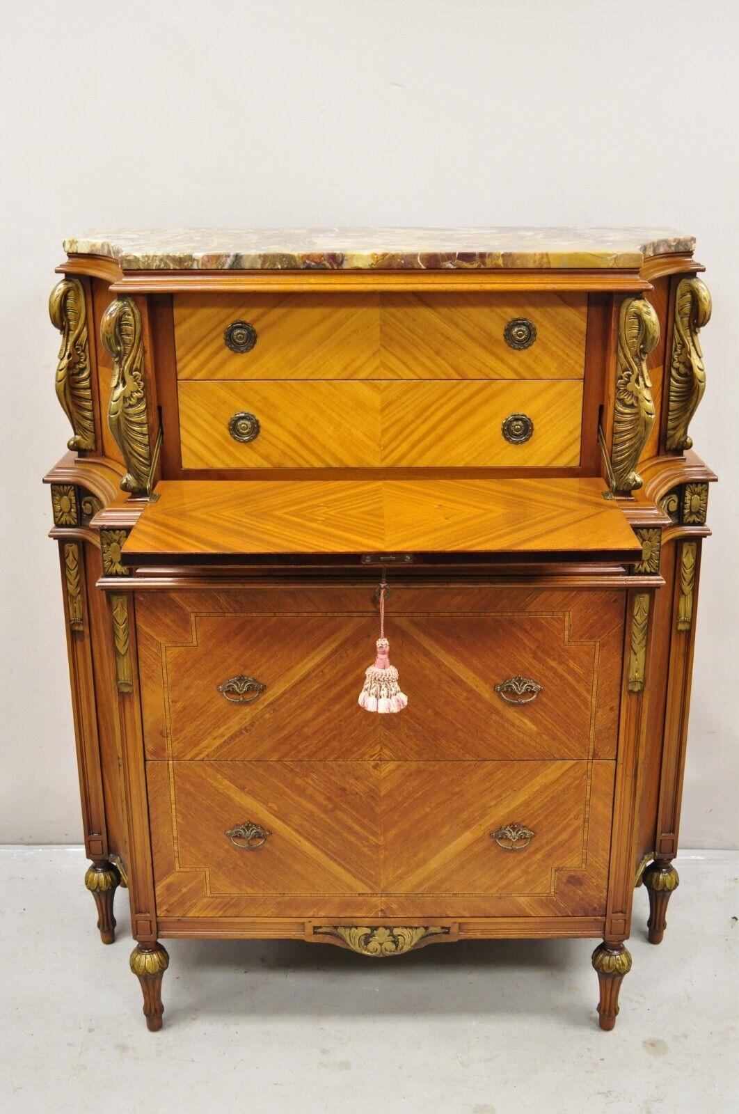 Antique French Louis XVI Style Marble Top Satinwood Tall Chest Dresser w/ Swans For Sale 3