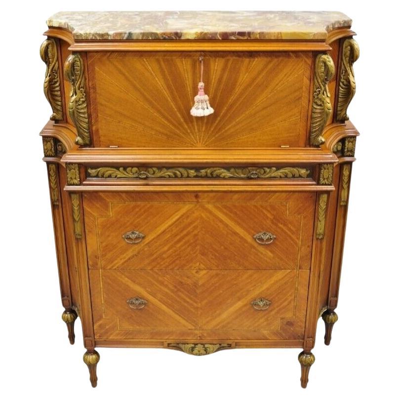 Antique French Louis XVI Style Marble Top Satinwood Tall Chest Dresser w/ Swans For Sale