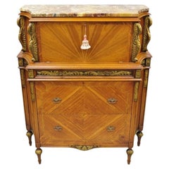 Vintage French Louis XVI Style Marble Top Satinwood Tall Chest Dresser w/ Swans