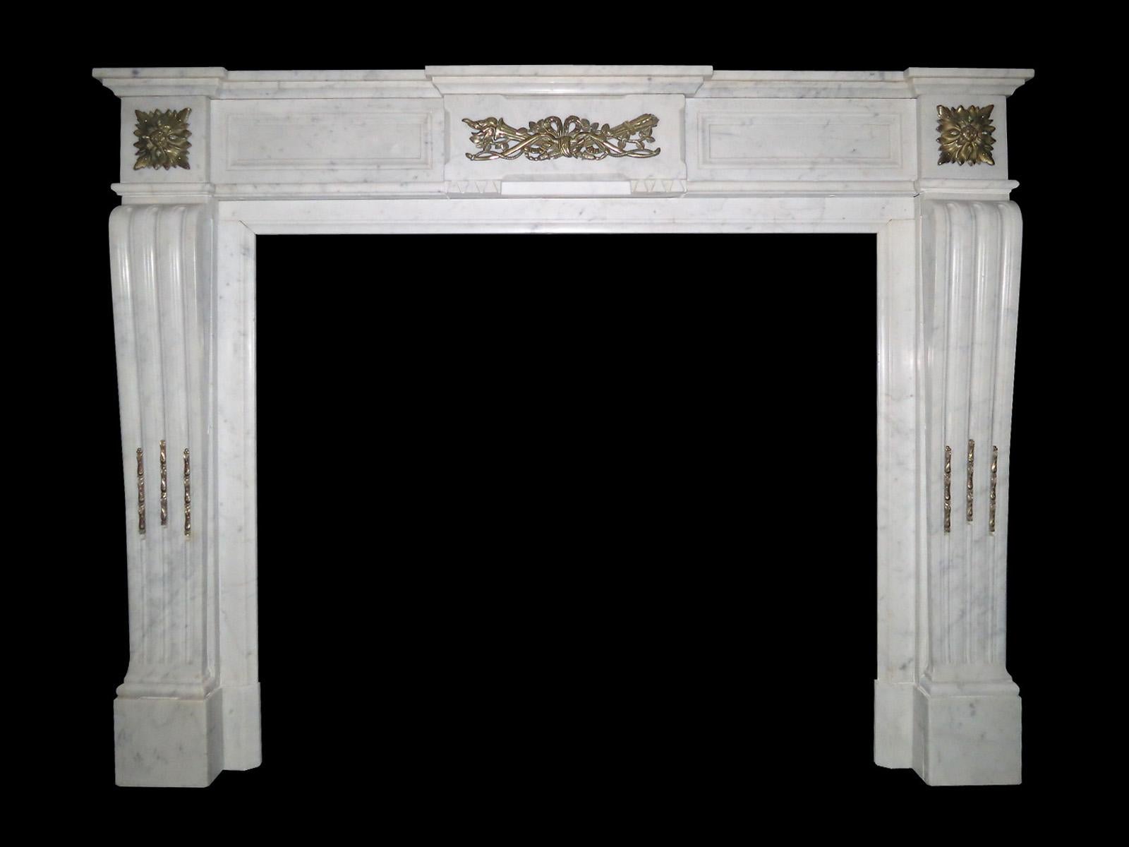 Carved Antique French Louis XVI Style Marble with Ormolu Fireplace Mantel