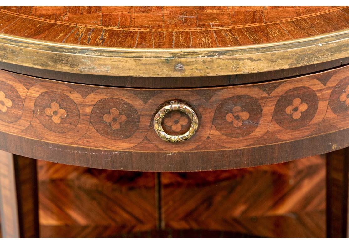 Brass Antique French Louis XVI Style Marquetry Inlaid Circular Side Table For Sale