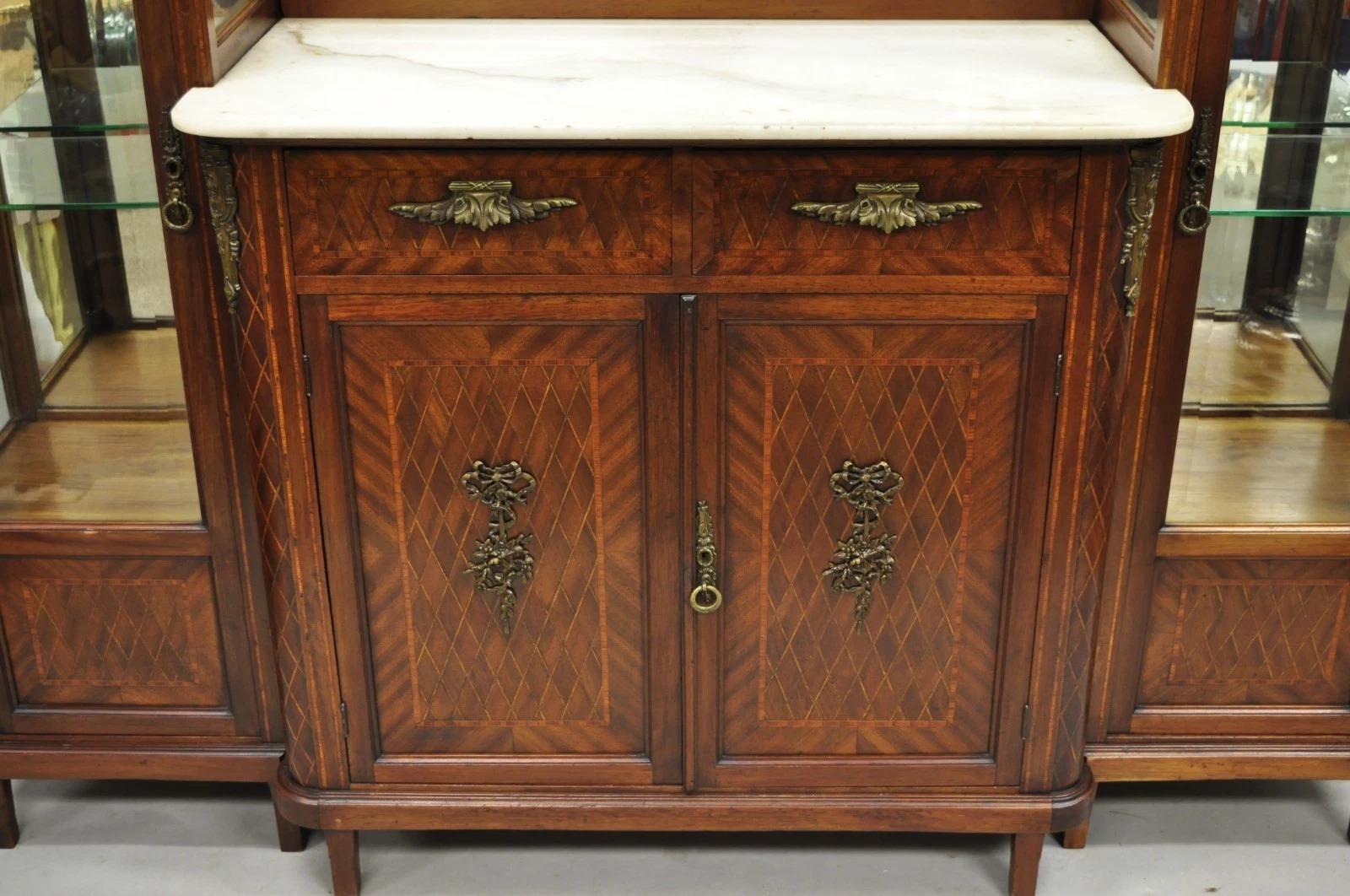 Antique French Louis XVI Style Marquetry Inlay Sideboard Buffet Curio Cabinet In Good Condition For Sale In Philadelphia, PA