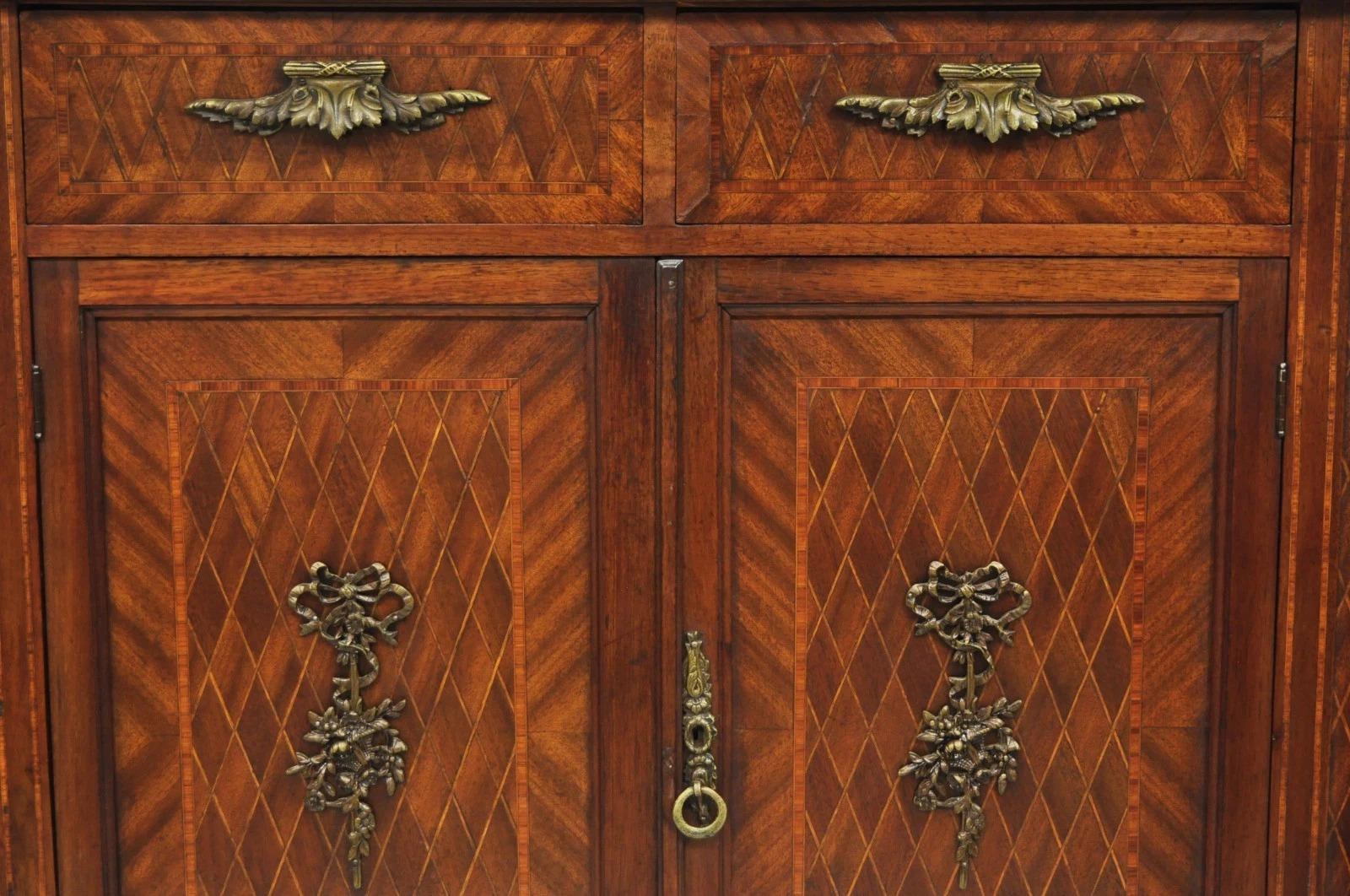 20th Century Antique French Louis XVI Style Marquetry Inlay Sideboard Buffet Curio Cabinet For Sale