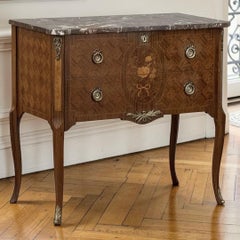 Antique French Louis XVI Style Marquetry Marble Top Commode