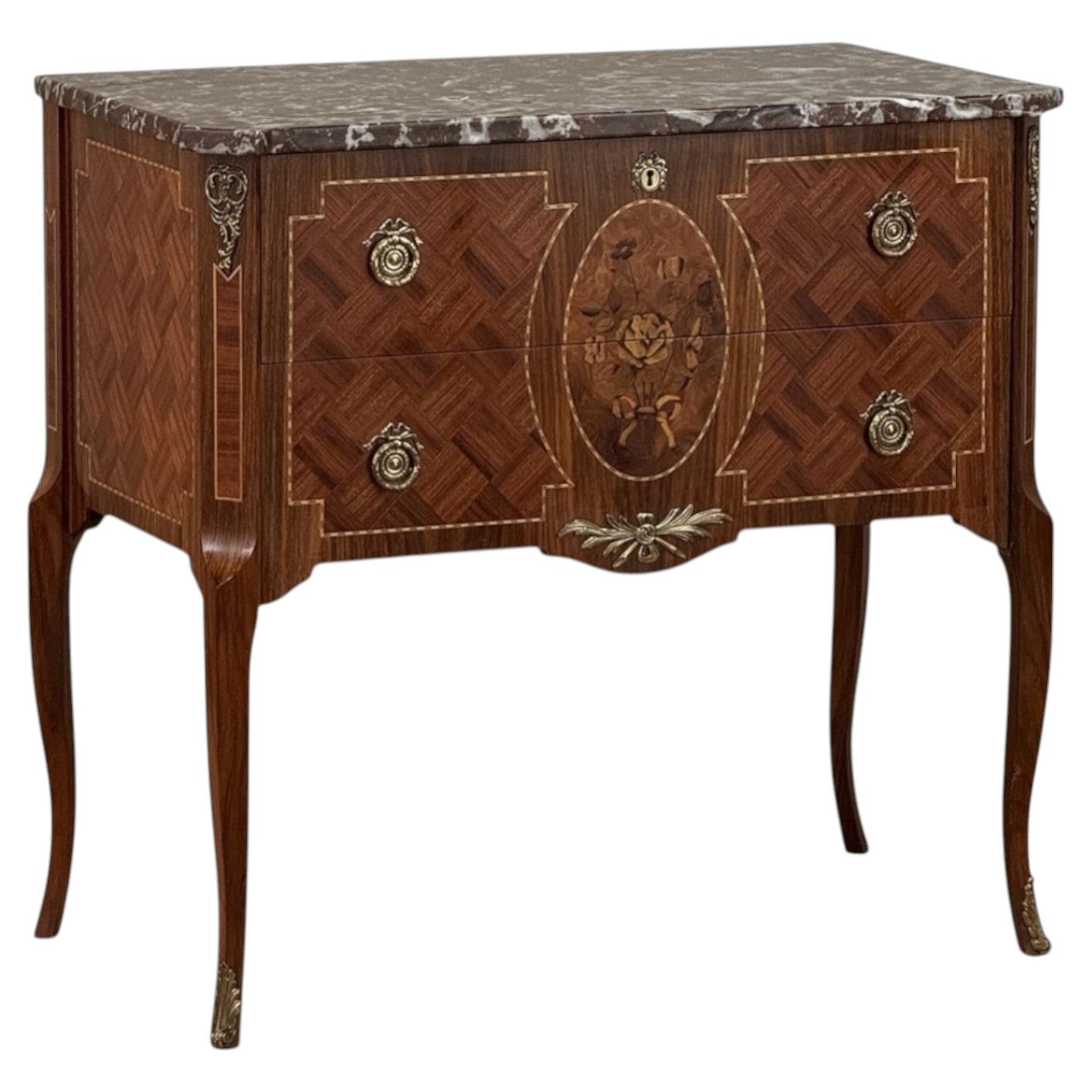 Antique French Louis XVI Style Marquetry Marble Top Commode