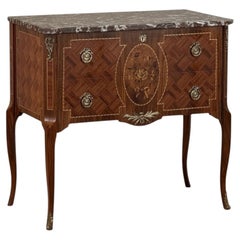 Antique French Louis XVI Style Marquetry Marble Top Commode