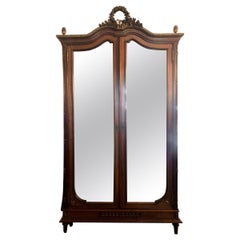 Armoire française d'antiquités de style Louis XVI à 2 portes en acajou avec miroir, vers 1880