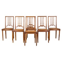 Antique French Louis XVI Style Oak Dining Chairs W/ Cane Seats - Set of 6