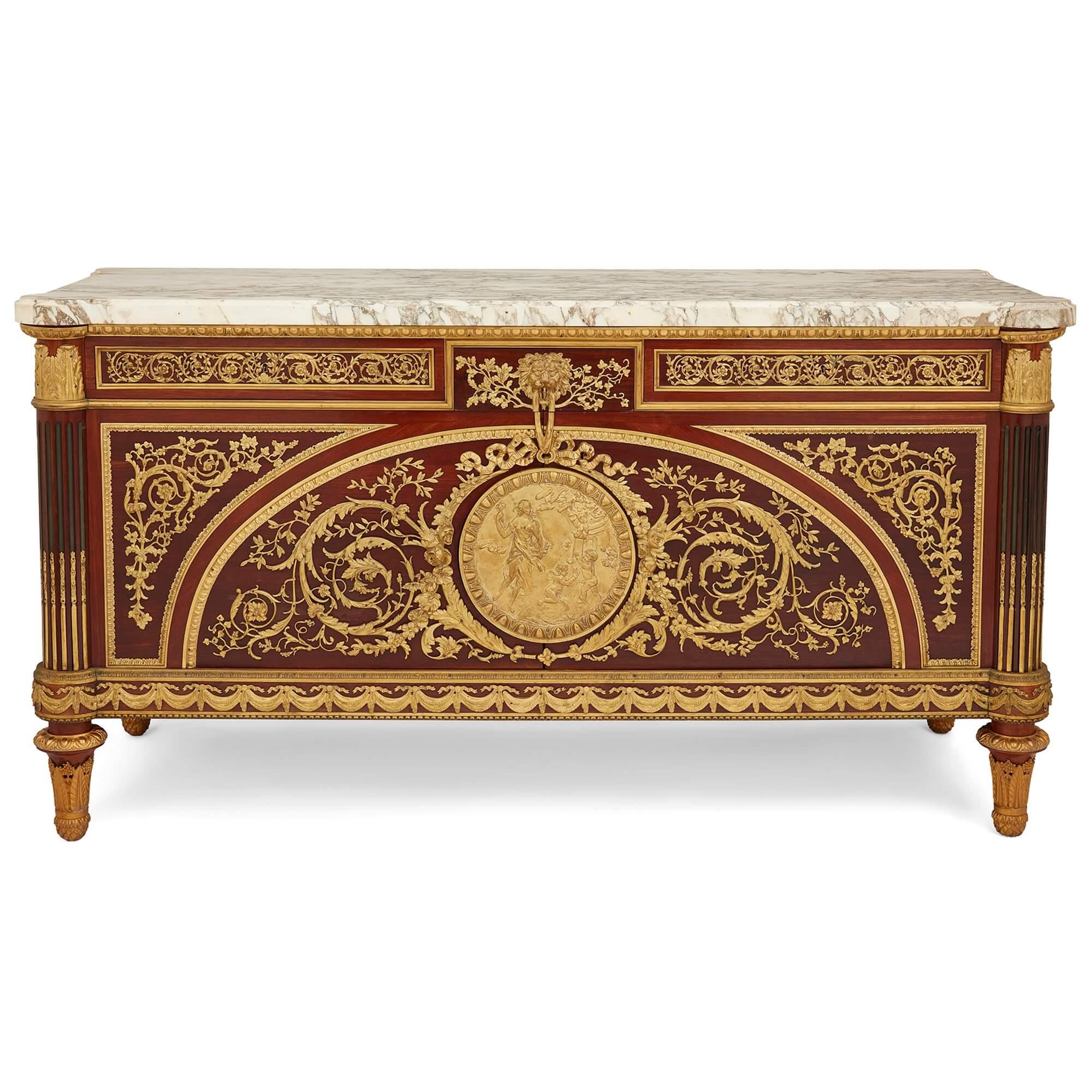 Carved Antique French Louis XVI Style Ormolu-Mounted Commode after Benneman For Sale