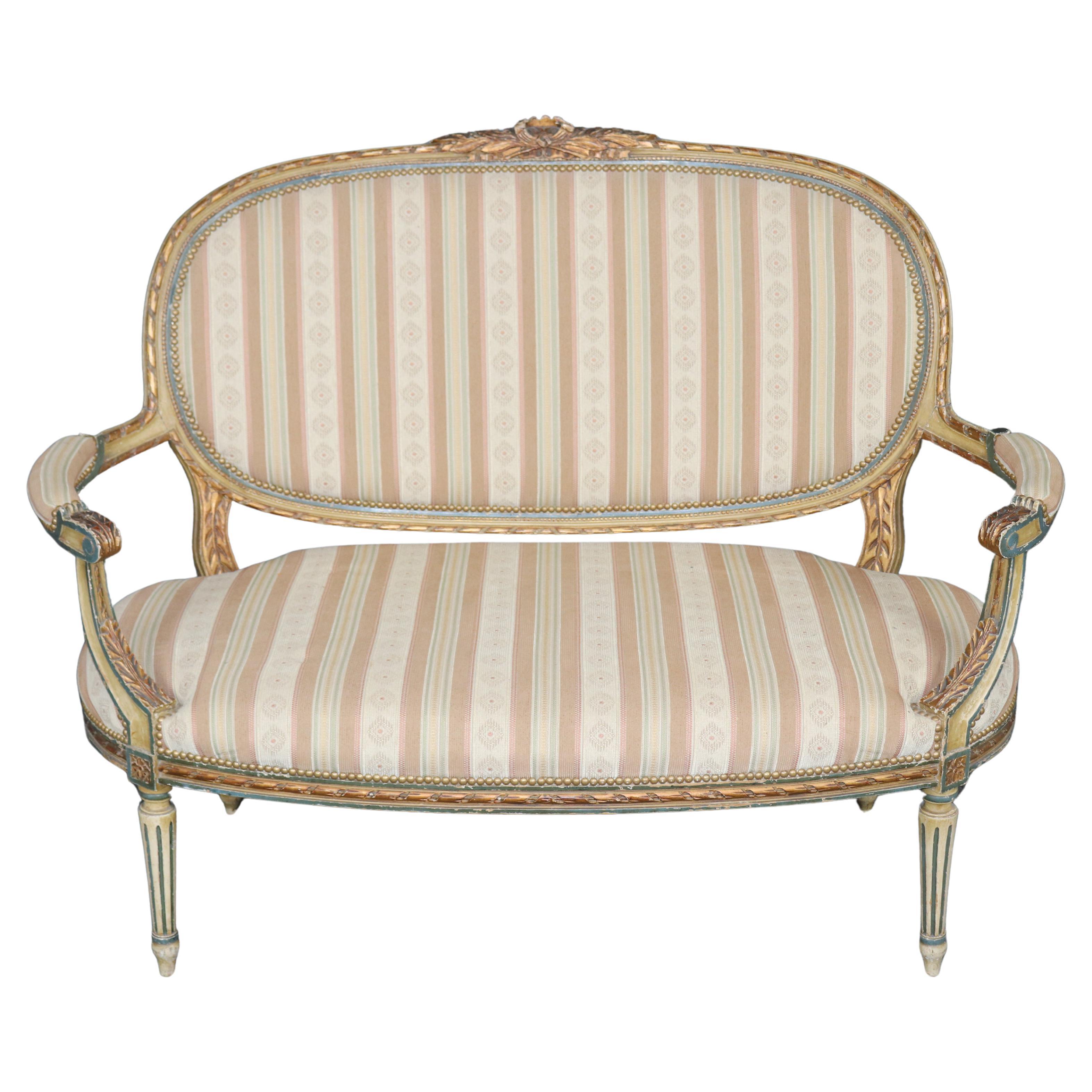 Antique French Louis XVI Style Paint Decorated & Gilt Carved Settee
