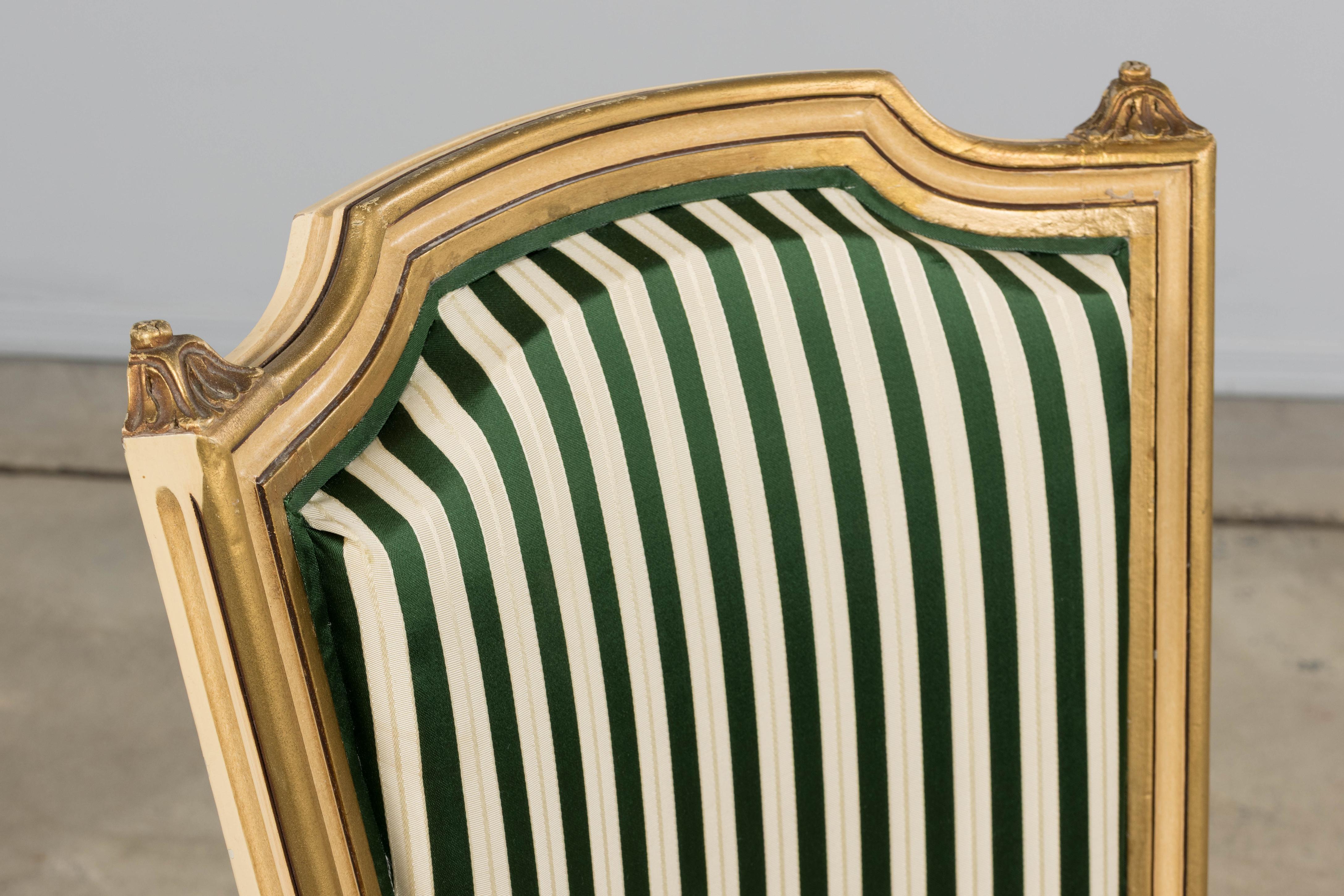 Tissu Antique French Louis XVI Style Peint Accent Chairs in Green Stripe - A Pair en vente