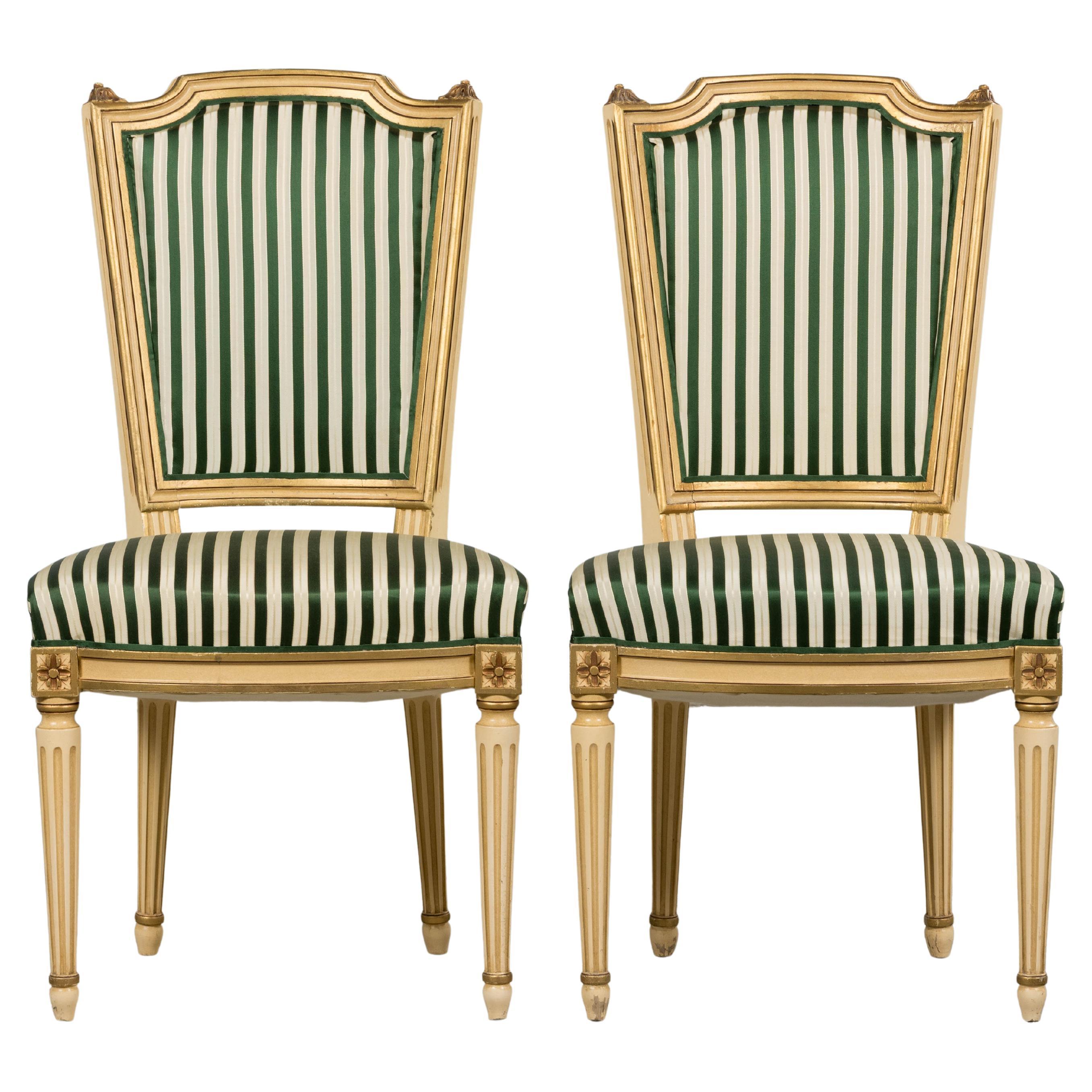 Antique French Louis XVI Style Peint Accent Chairs in Green Stripe - A Pair