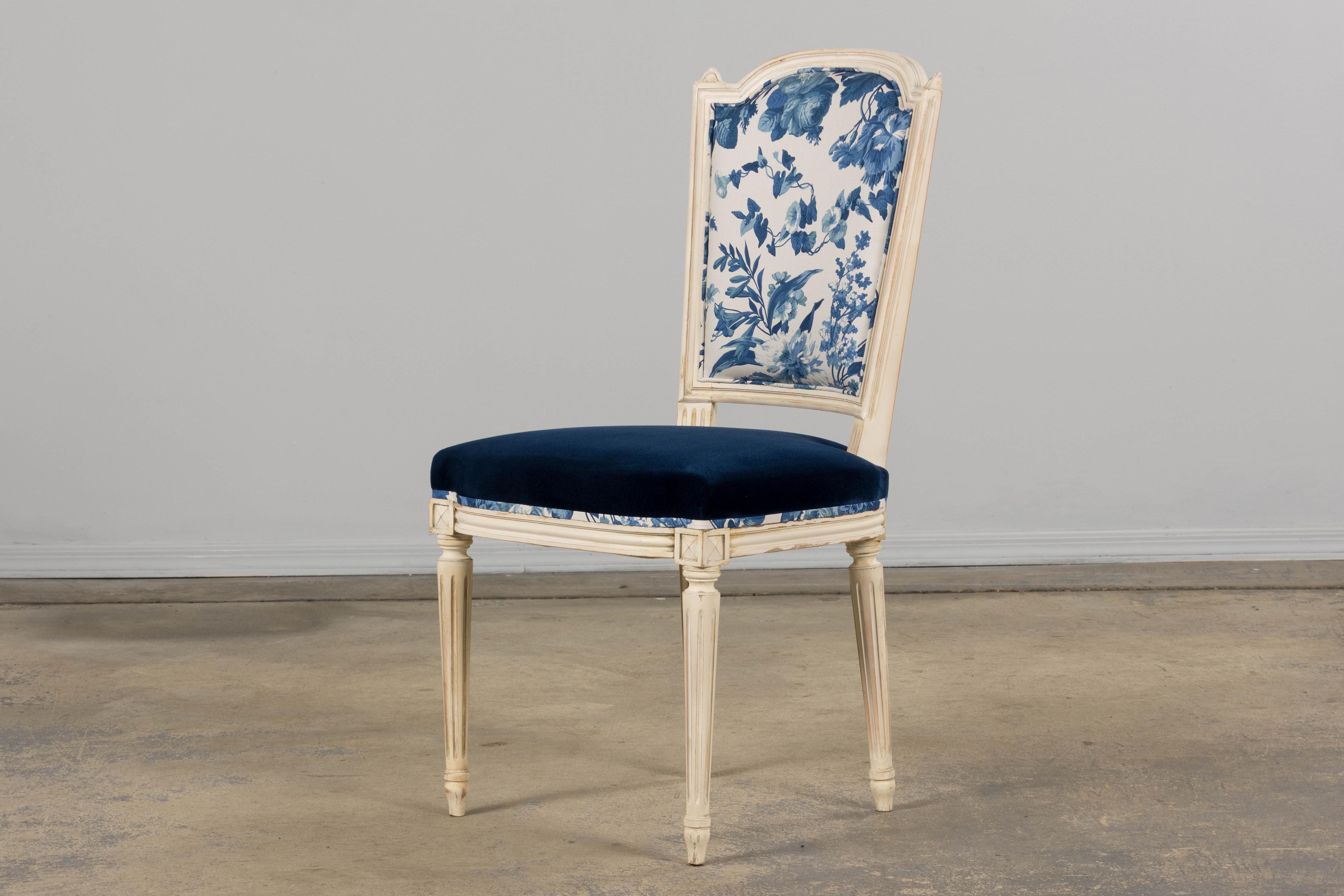 Antique French Louis XVI Style Painted Accent Side Chair in Blue Floral For Sale 6