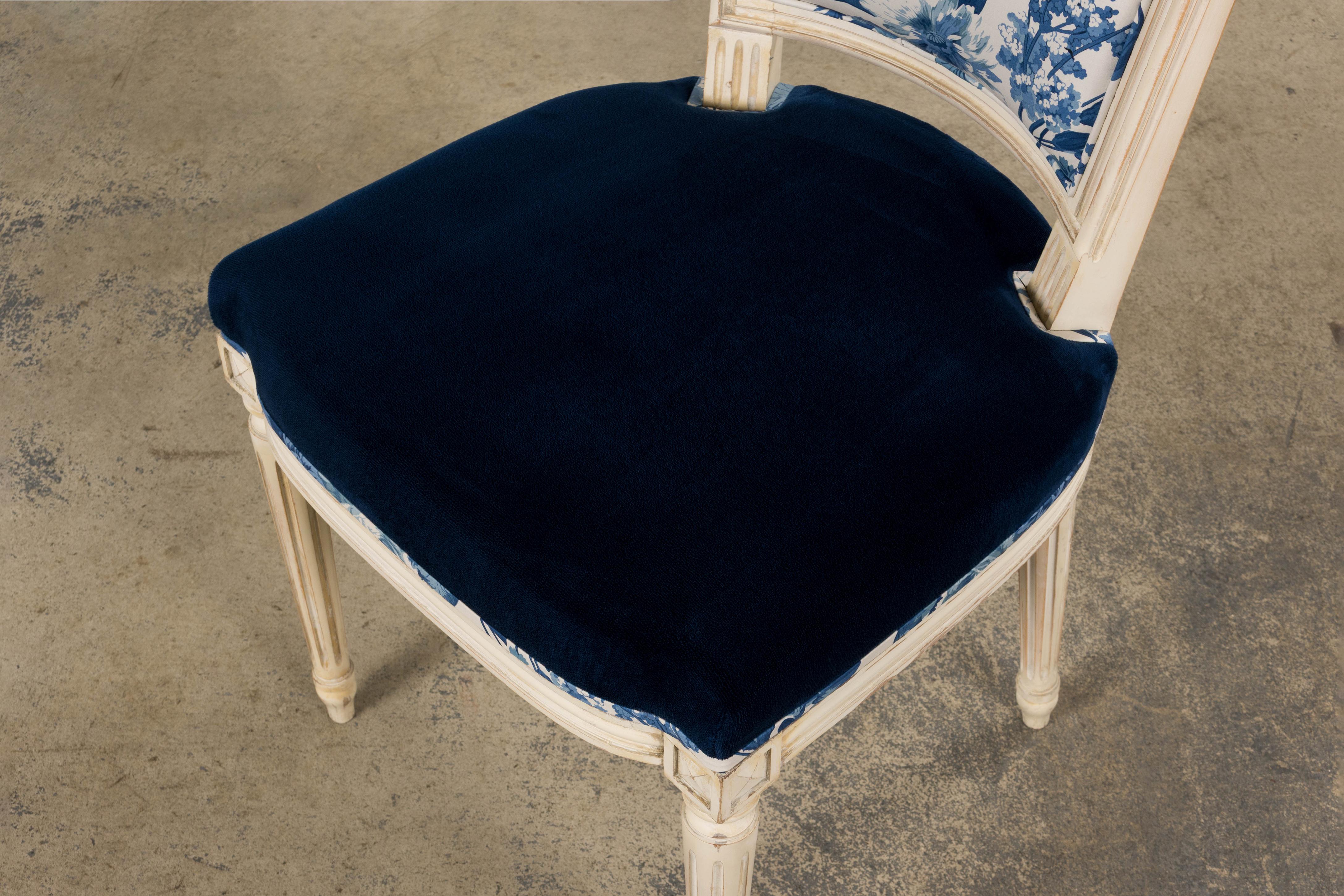 Antique French Louis XVI Style Painted Accent Side Chair in Blue Floral For Sale 8