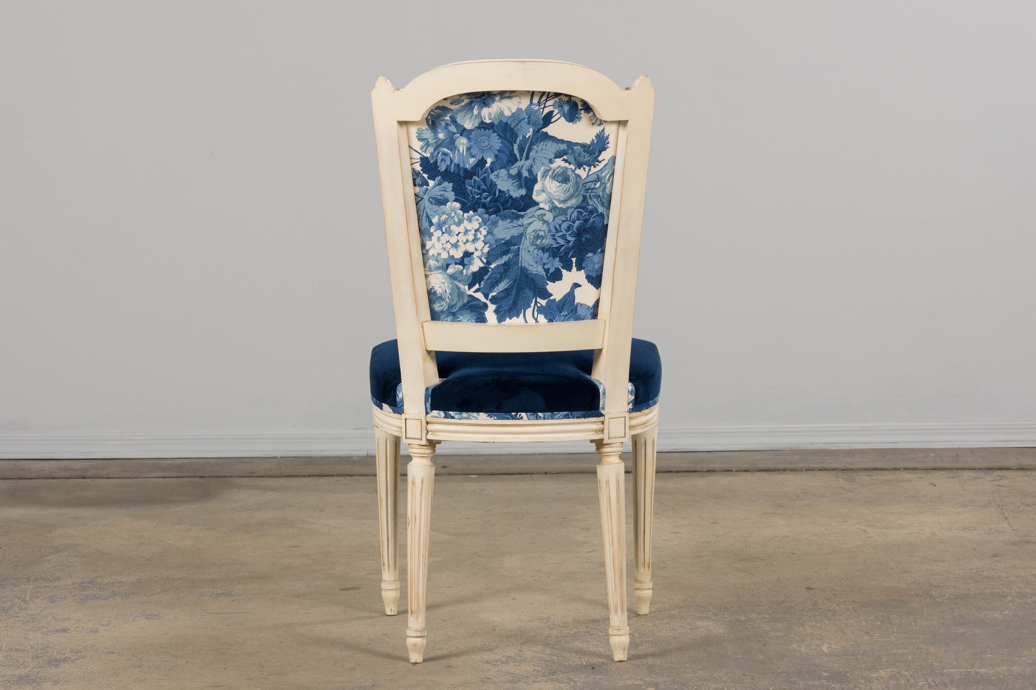 Antique French Louis XVI Style Painted Accent Side Chair in Blue Floral For Sale 11