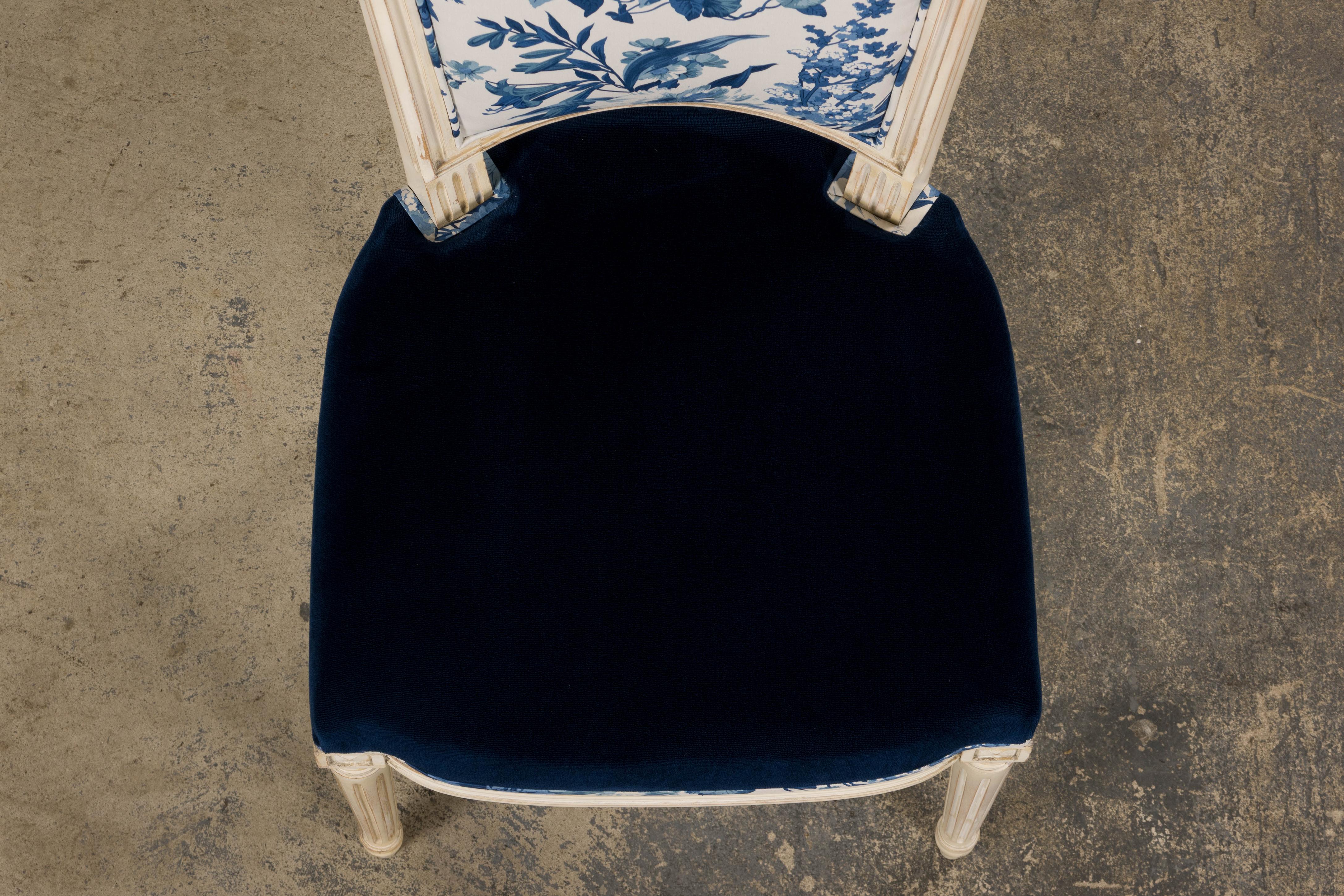 Hand-Carved Antique French Louis XVI Style Painted Accent Side Chair in Blue Floral For Sale