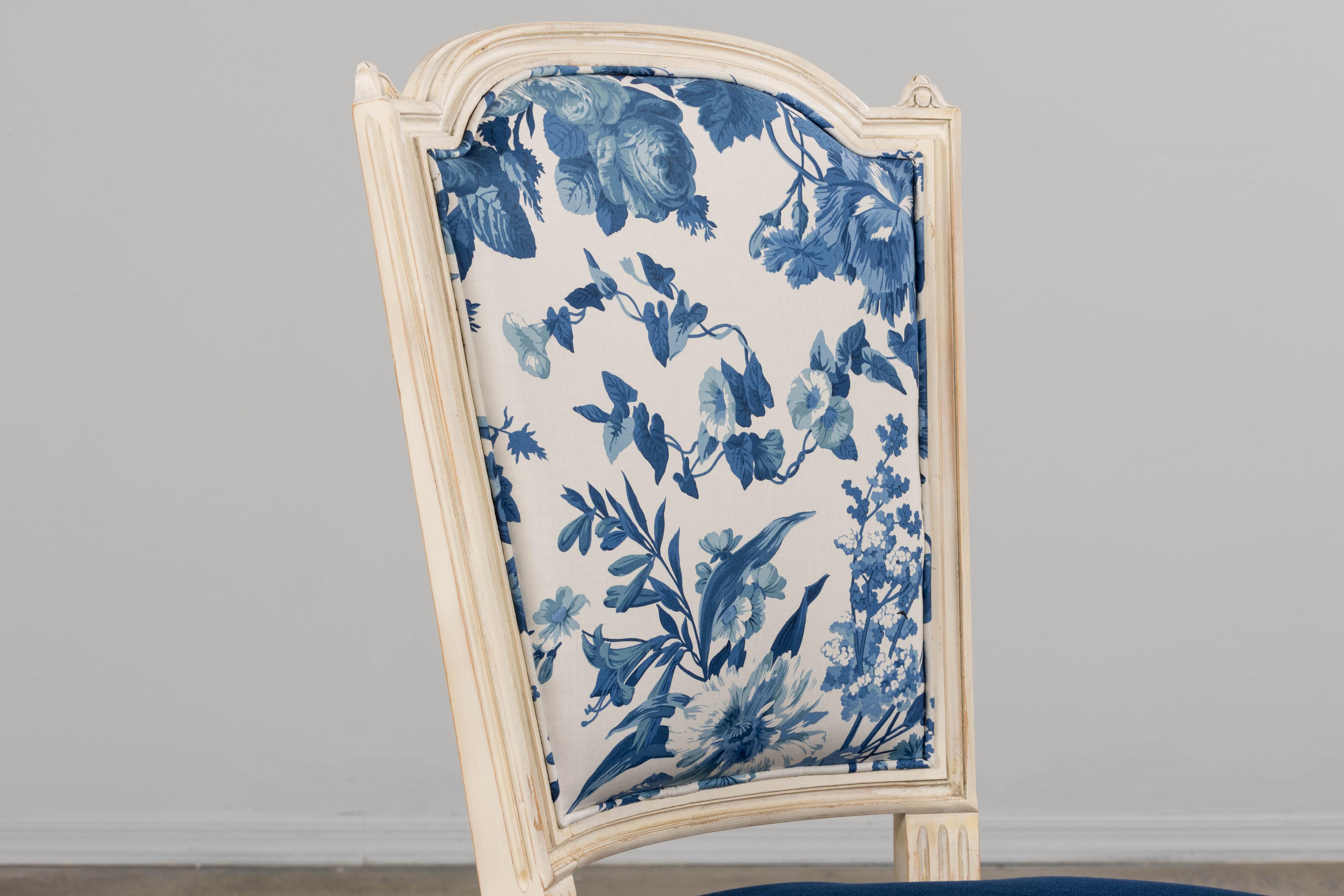 20th Century Antique French Louis XVI Style Painted Accent Side Chair in Blue Floral For Sale