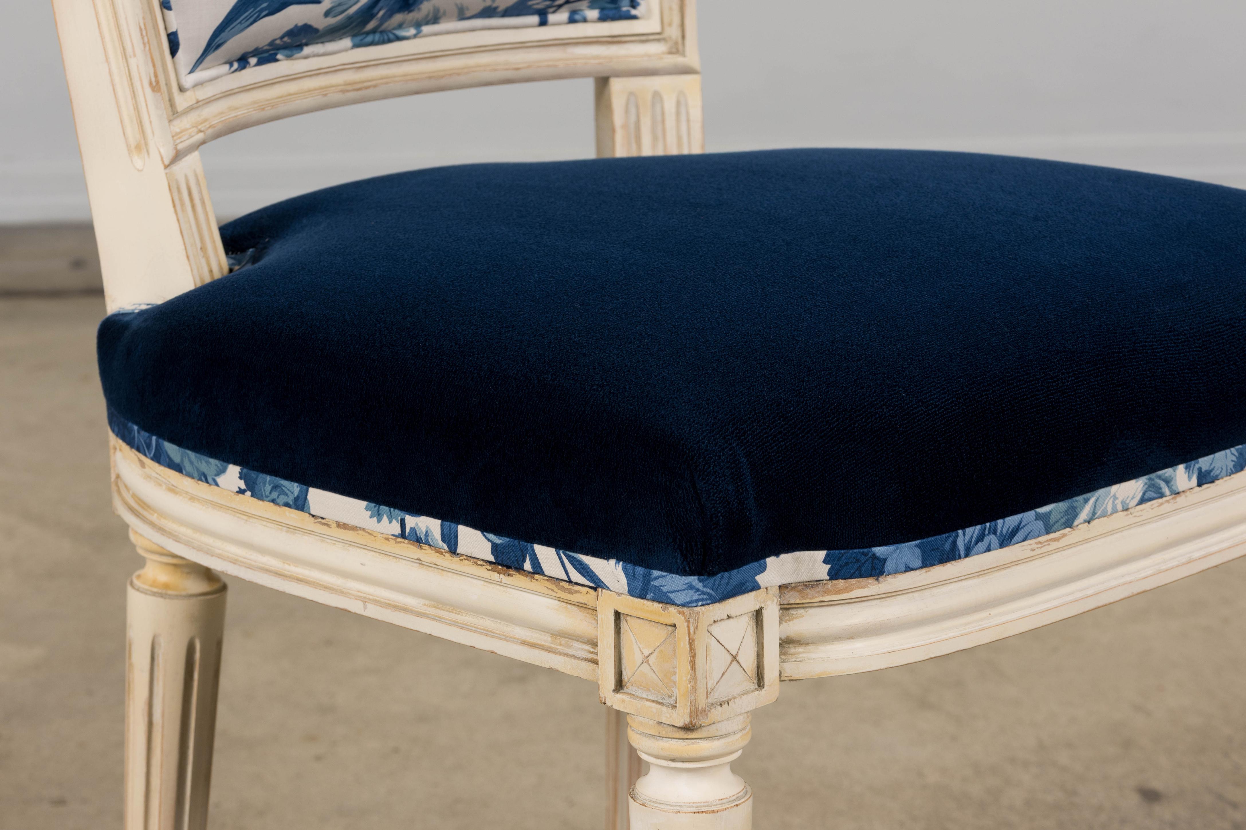 Cotton Antique French Louis XVI Style Painted Accent Side Chair in Blue Floral For Sale