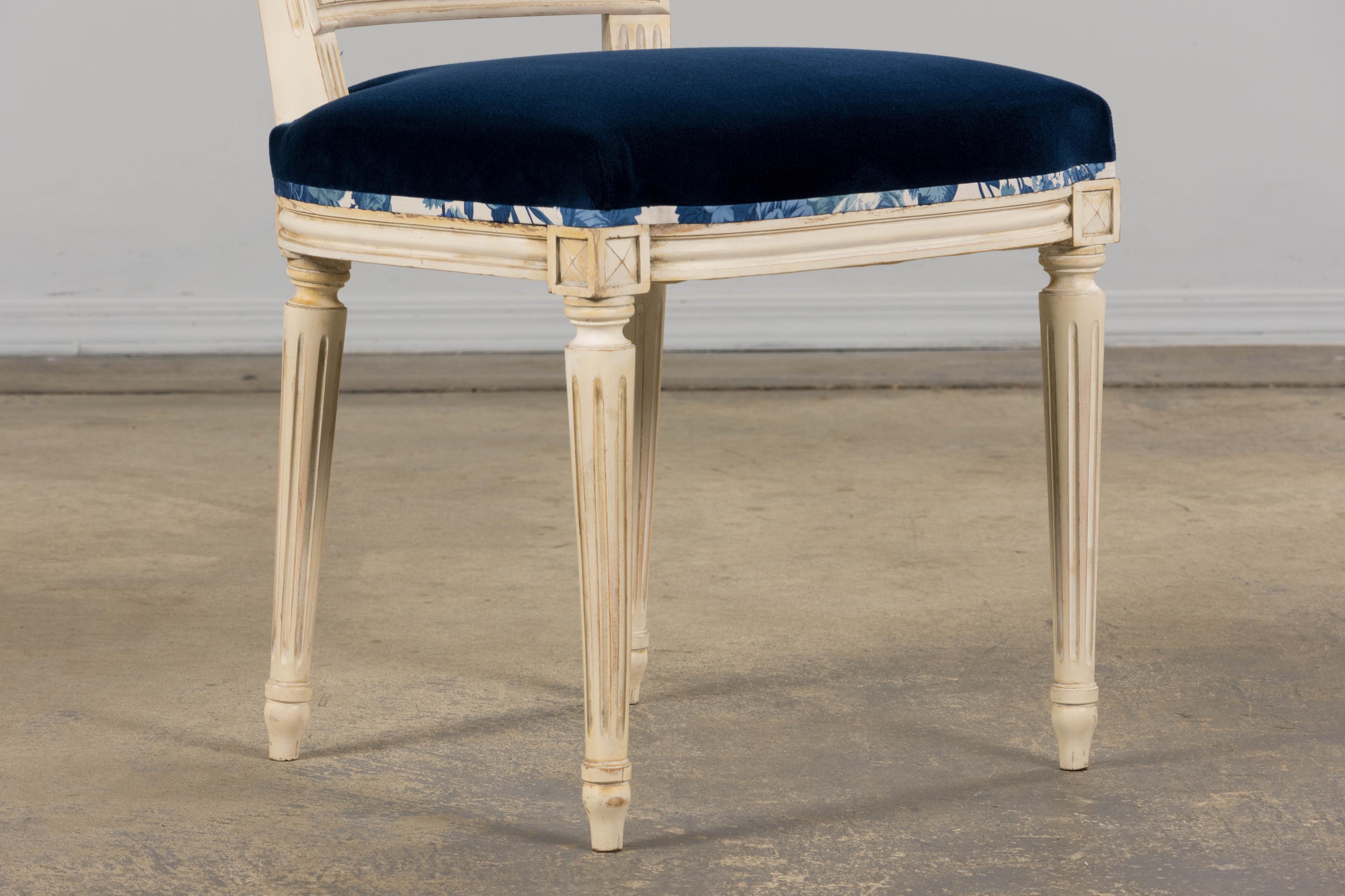 Antique French Louis XVI Style Painted Accent Side Chair in Blue Floral For Sale 1