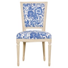 Antique French Louis XVI Style Painted Accent Side Chair in Blue Floral