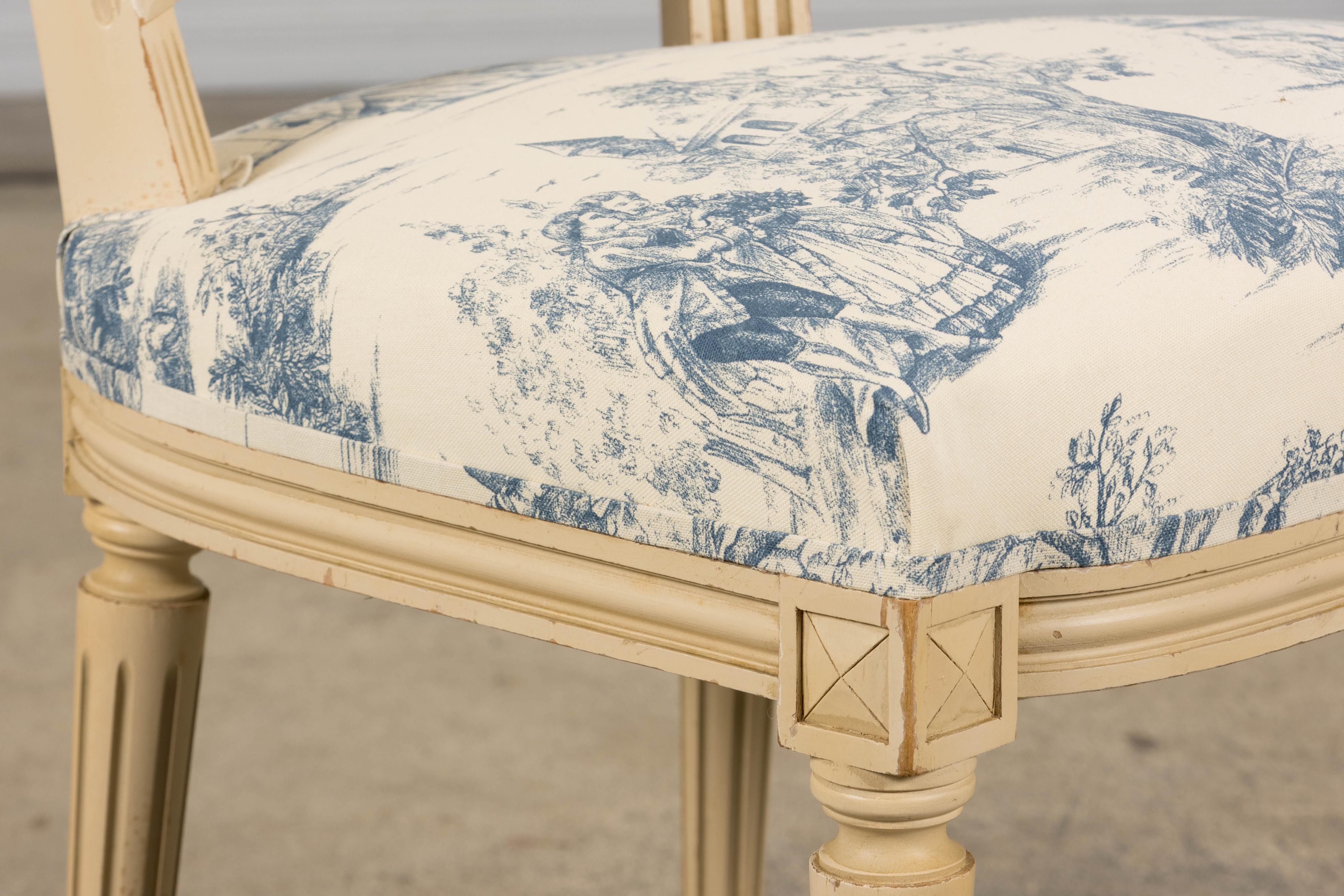 Antique French Louis XVI Style Painted Accent Side Chairs in Blue Toile - A Pair For Sale 4