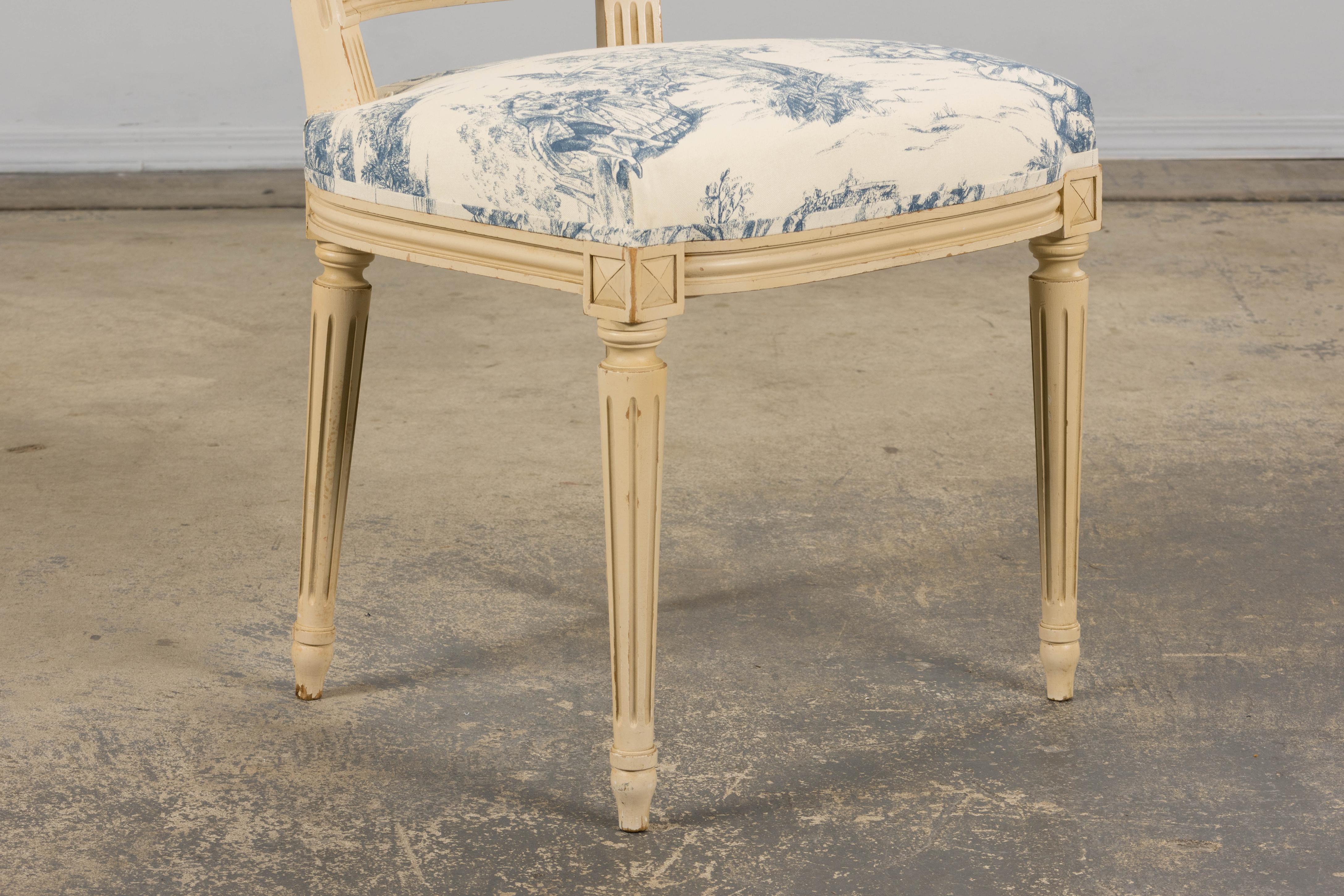 Antique French Louis XVI Style Painted Accent Side Chairs in Blue Toile - A Pair For Sale 5