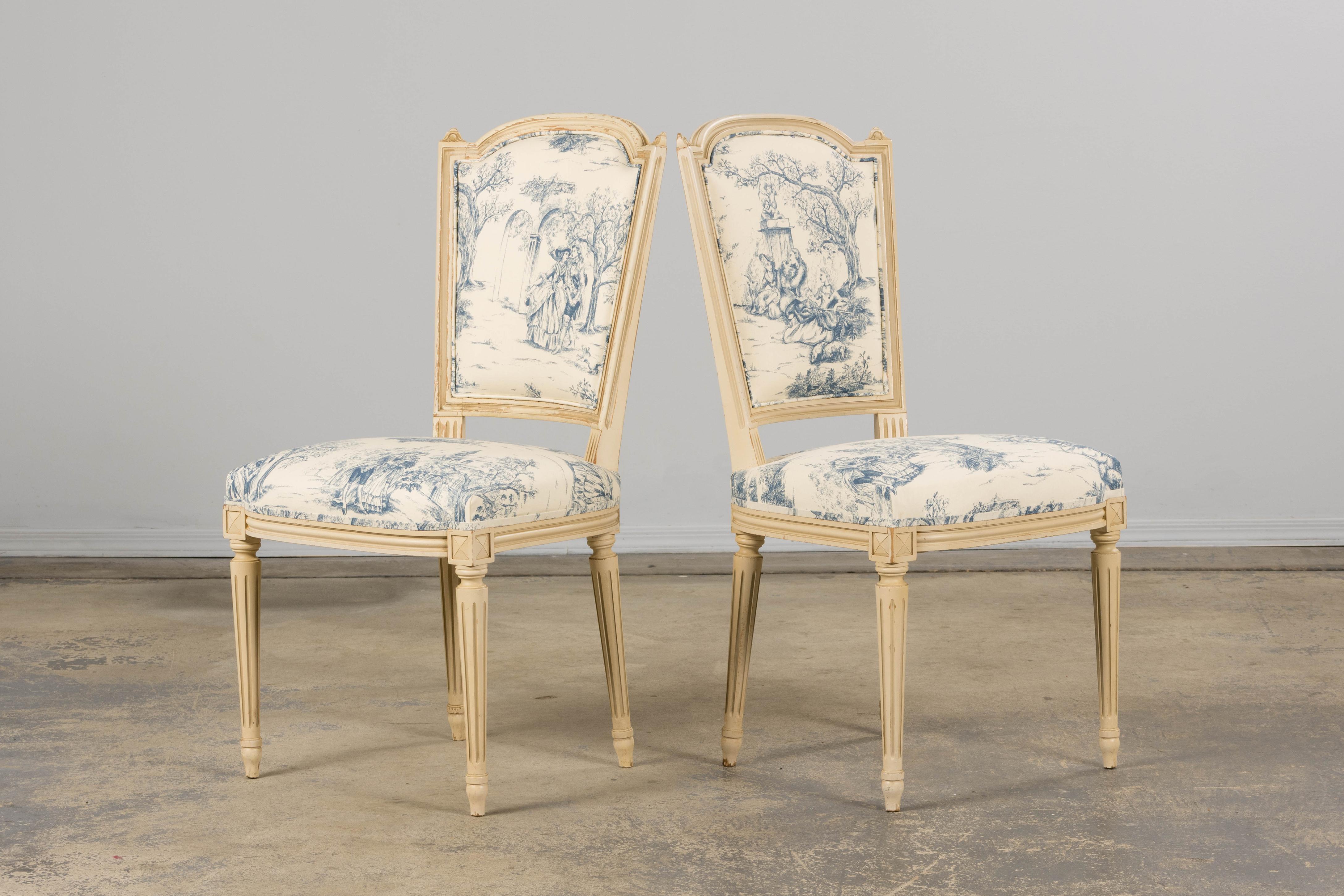 Antique French Louis XVI Style Painted Accent Side Chairs in Blue Toile - A Pair For Sale 8