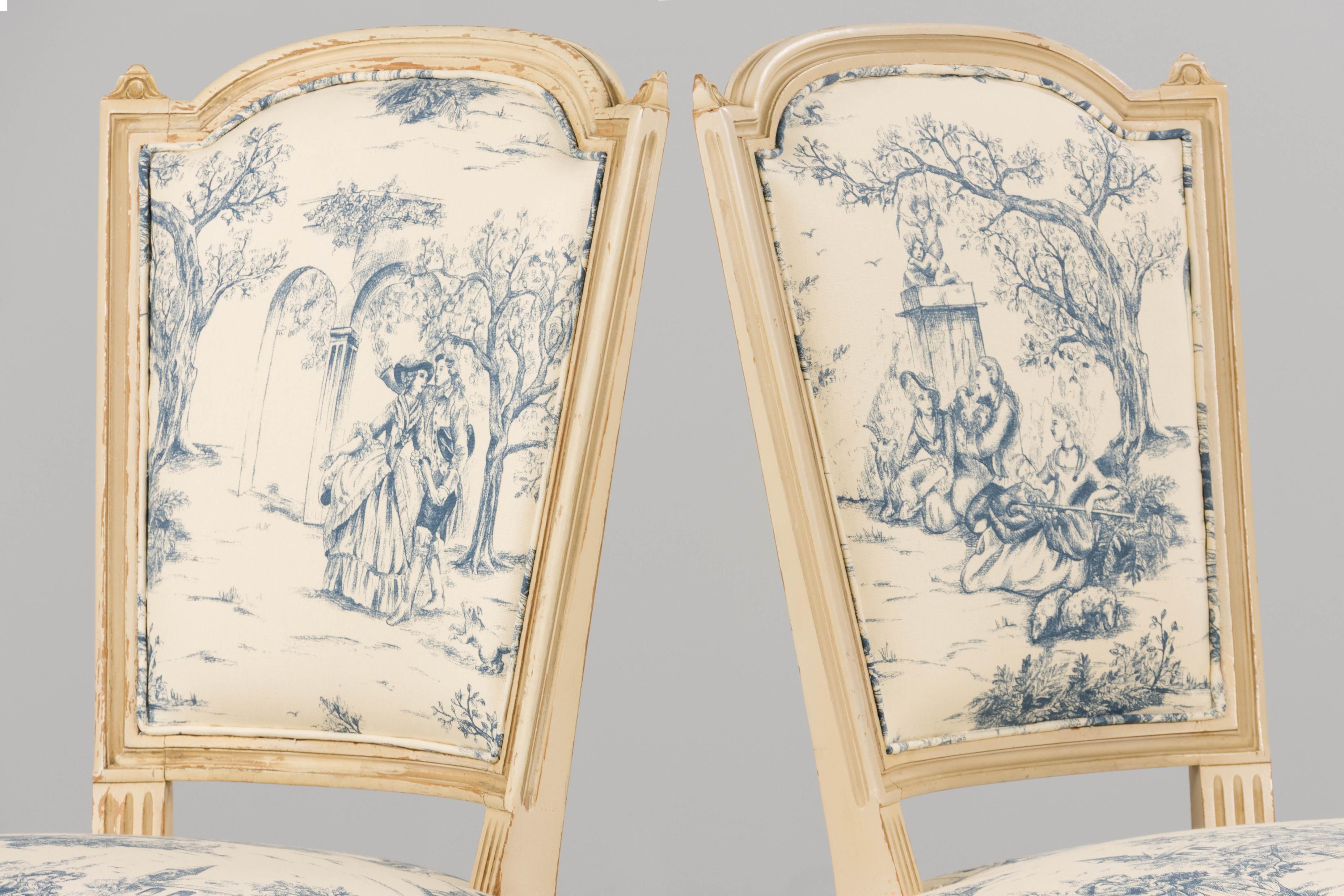 Antique French Louis XVI Style Painted Accent Side Chairs in Blue Toile - A Pair For Sale 9