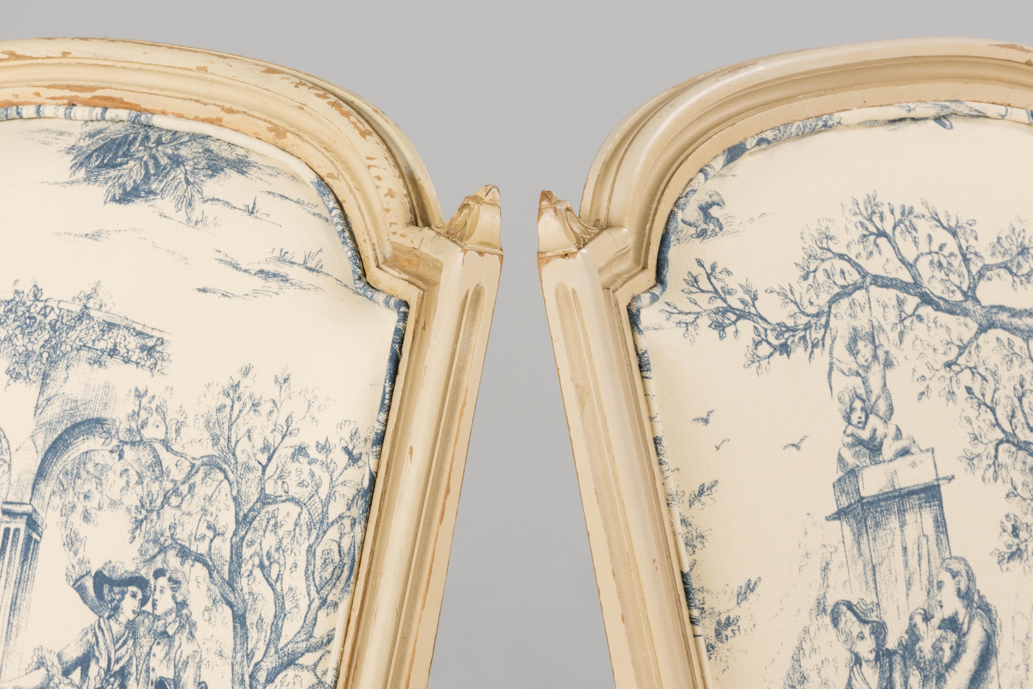 Antique French Louis XVI Style Painted Accent Side Chairs in Blue Toile - A Pair For Sale 10