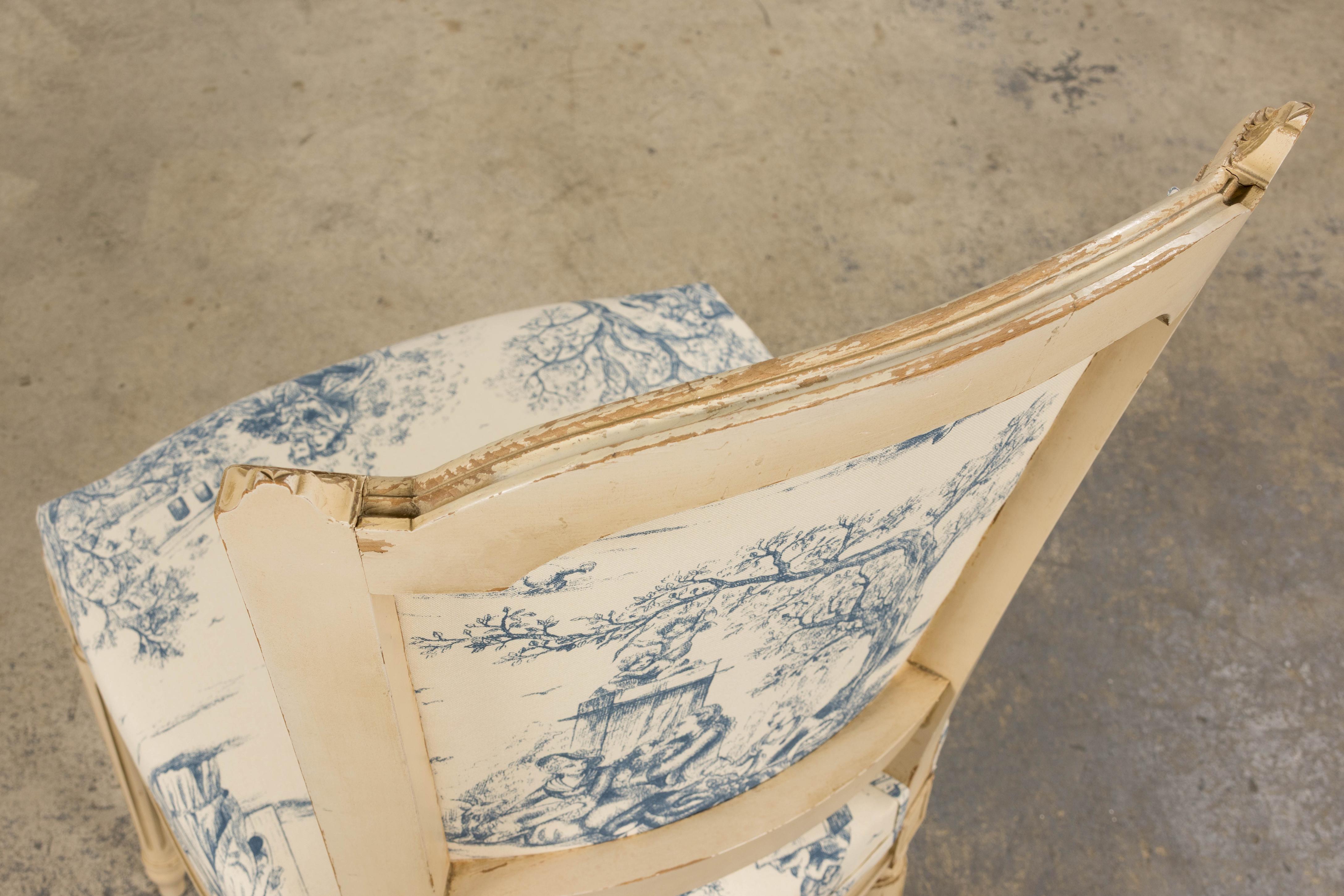 Antique French Louis XVI Style Painted Accent Side Chairs in Blue Toile - A Pair For Sale 11