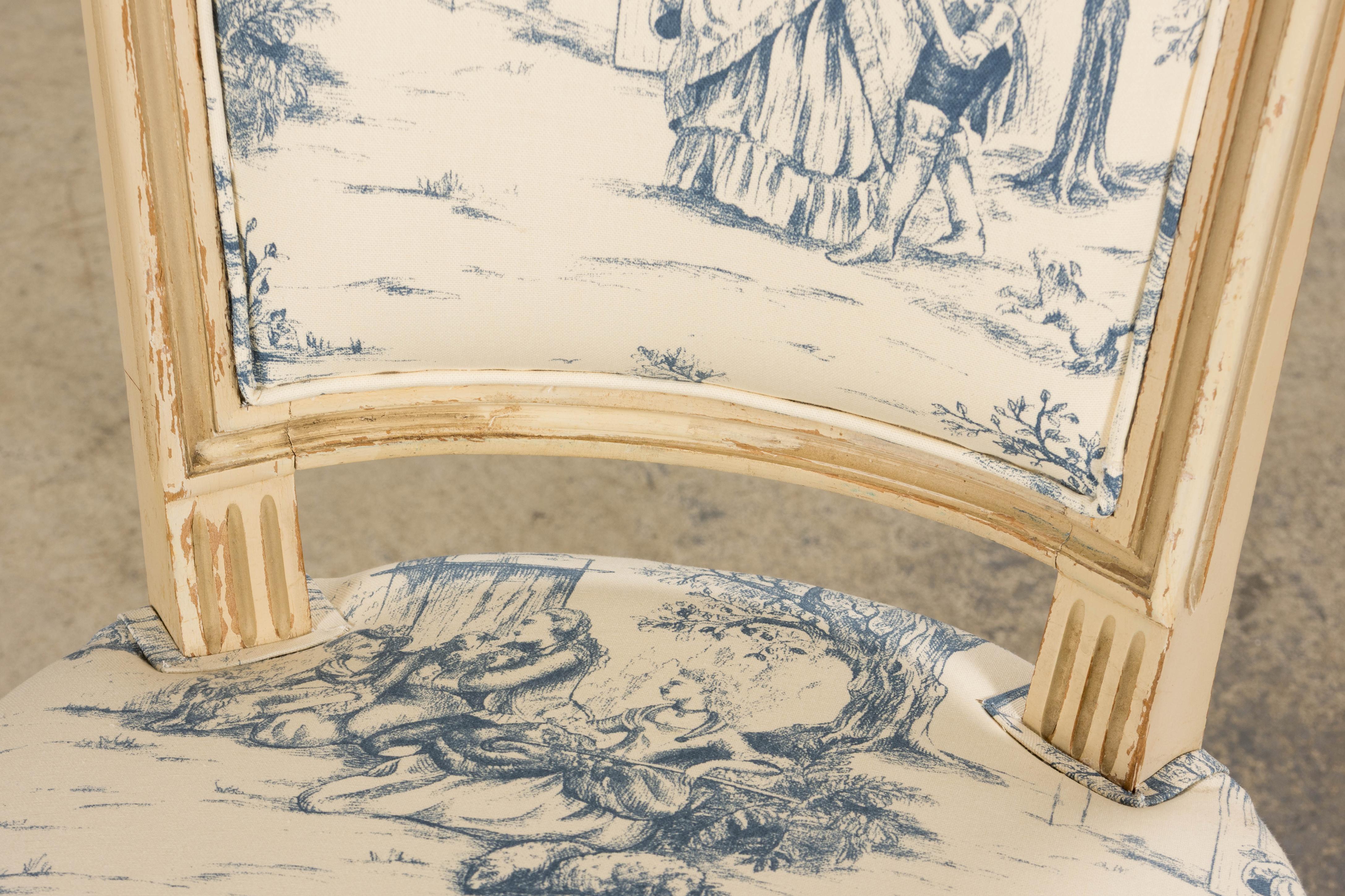 Antique French Louis XVI Style Painted Accent Side Chairs in Blue Toile - A Pair For Sale 12