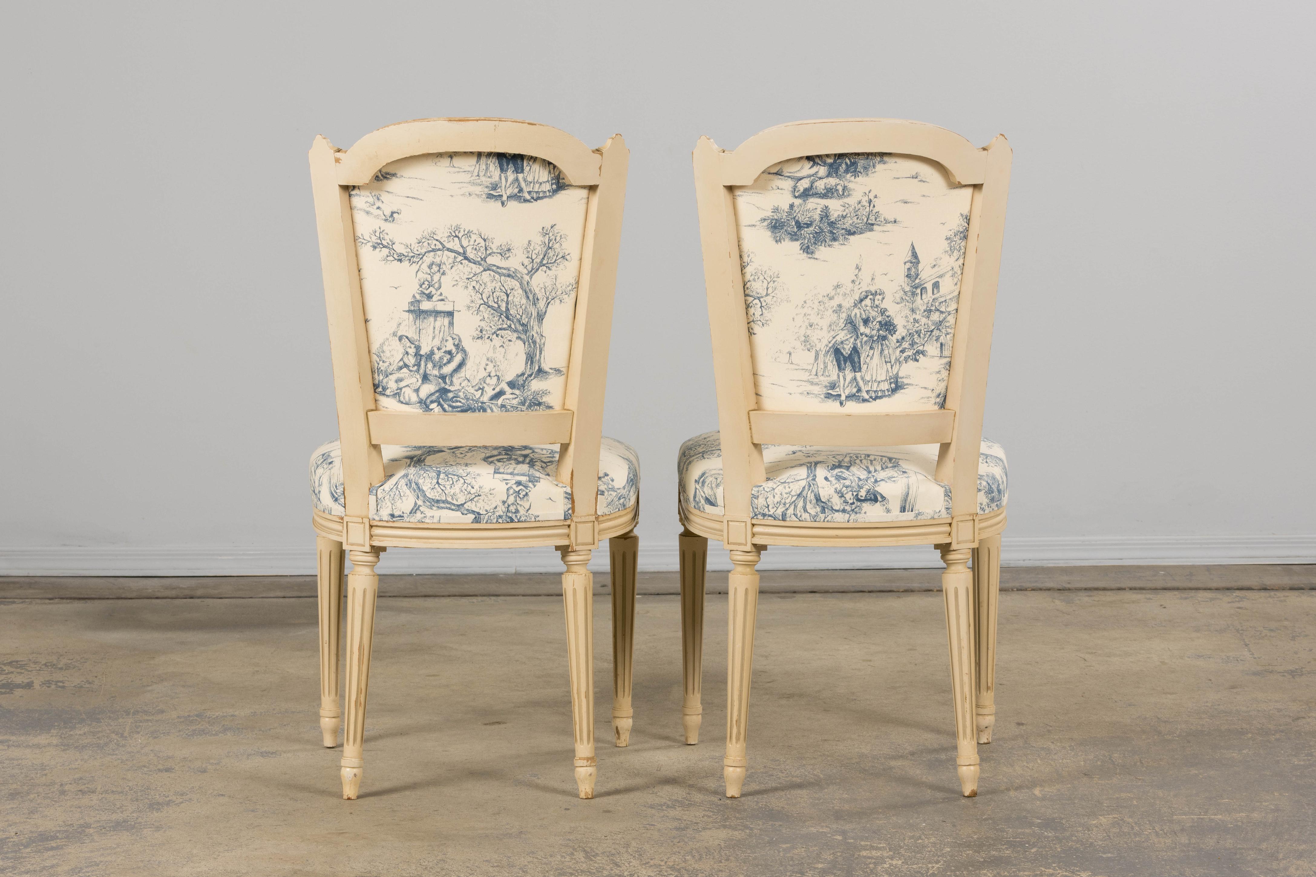 Antique French Louis XVI Style Painted Accent Side Chairs in Blue Toile - A Pair For Sale 13