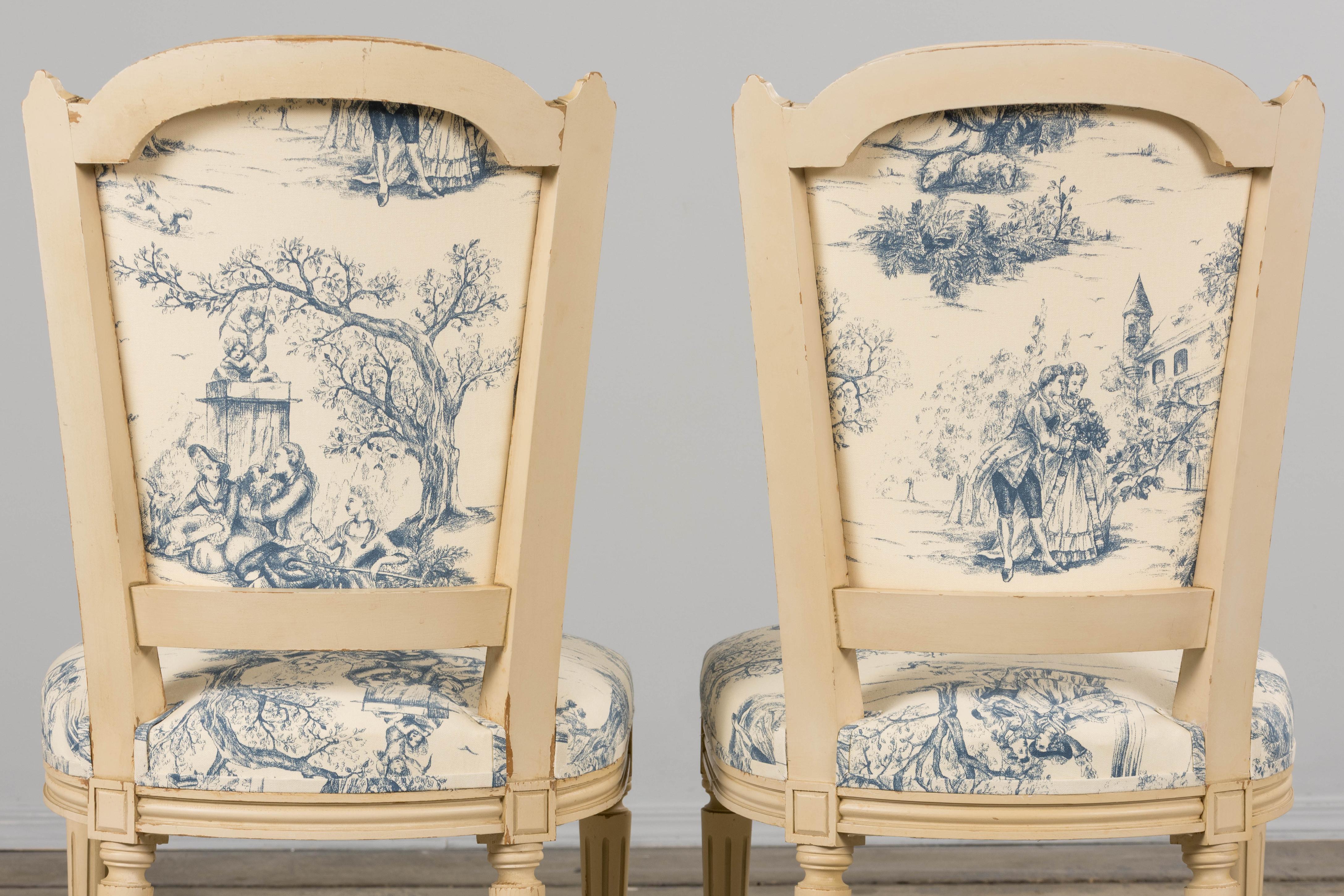 Antique French Louis XVI Style Painted Accent Side Chairs in Blue Toile - A Pair For Sale 14